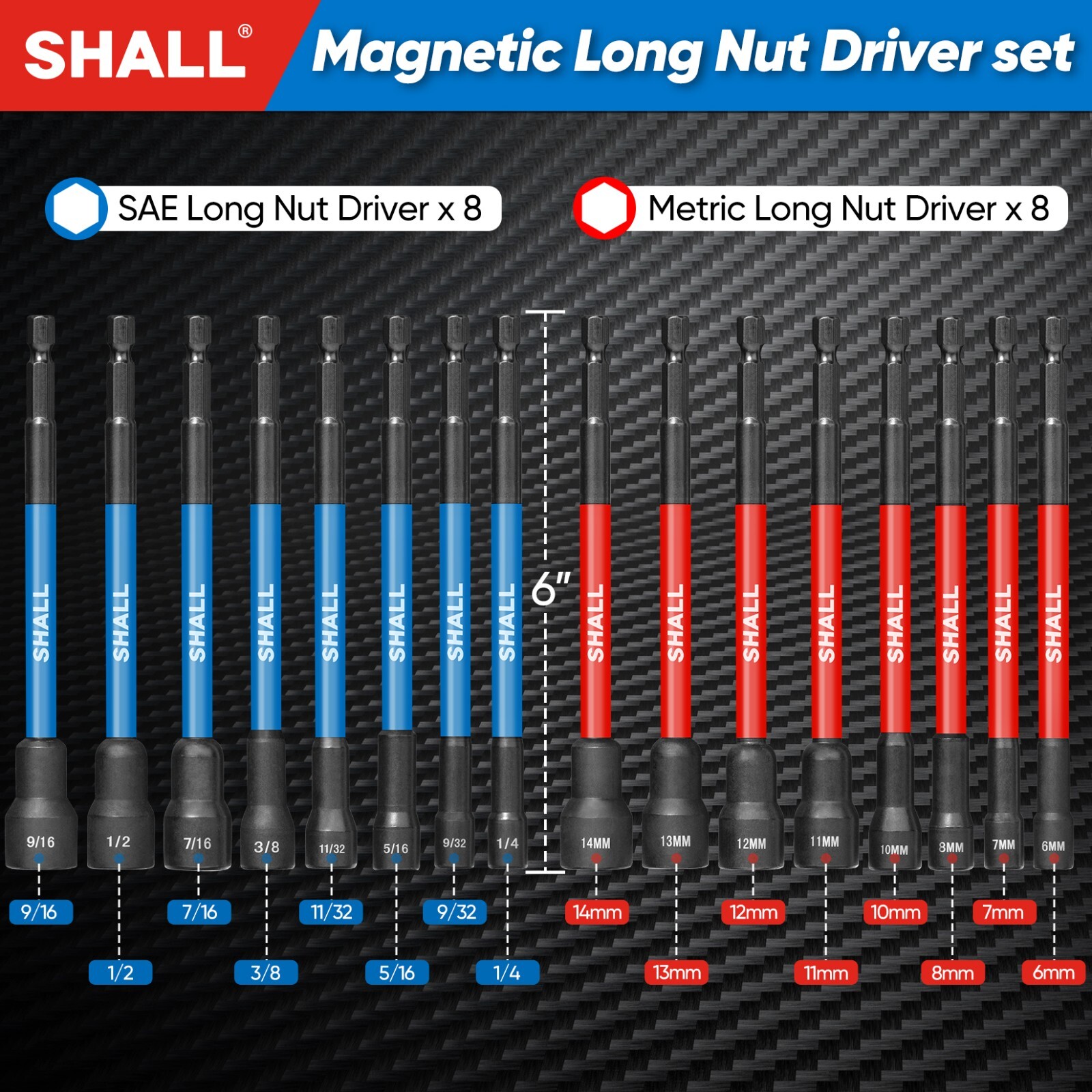 SHALL 16PCS Magnetic Nut Driver Set – 6″ Long Nut Driver Set for Impact Drill
