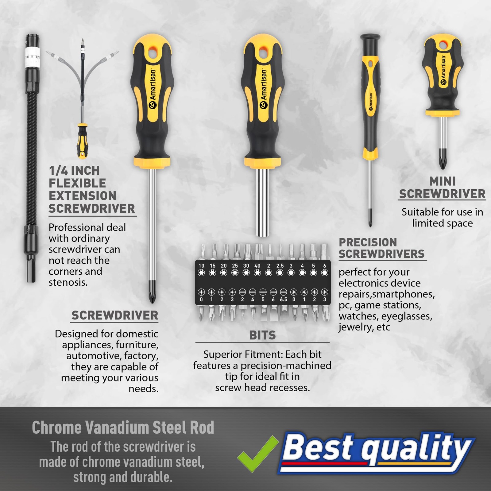 Magnetic Screwdrivers Set with Case, Amartisan 43-piece Includs Slotted, Phillip
