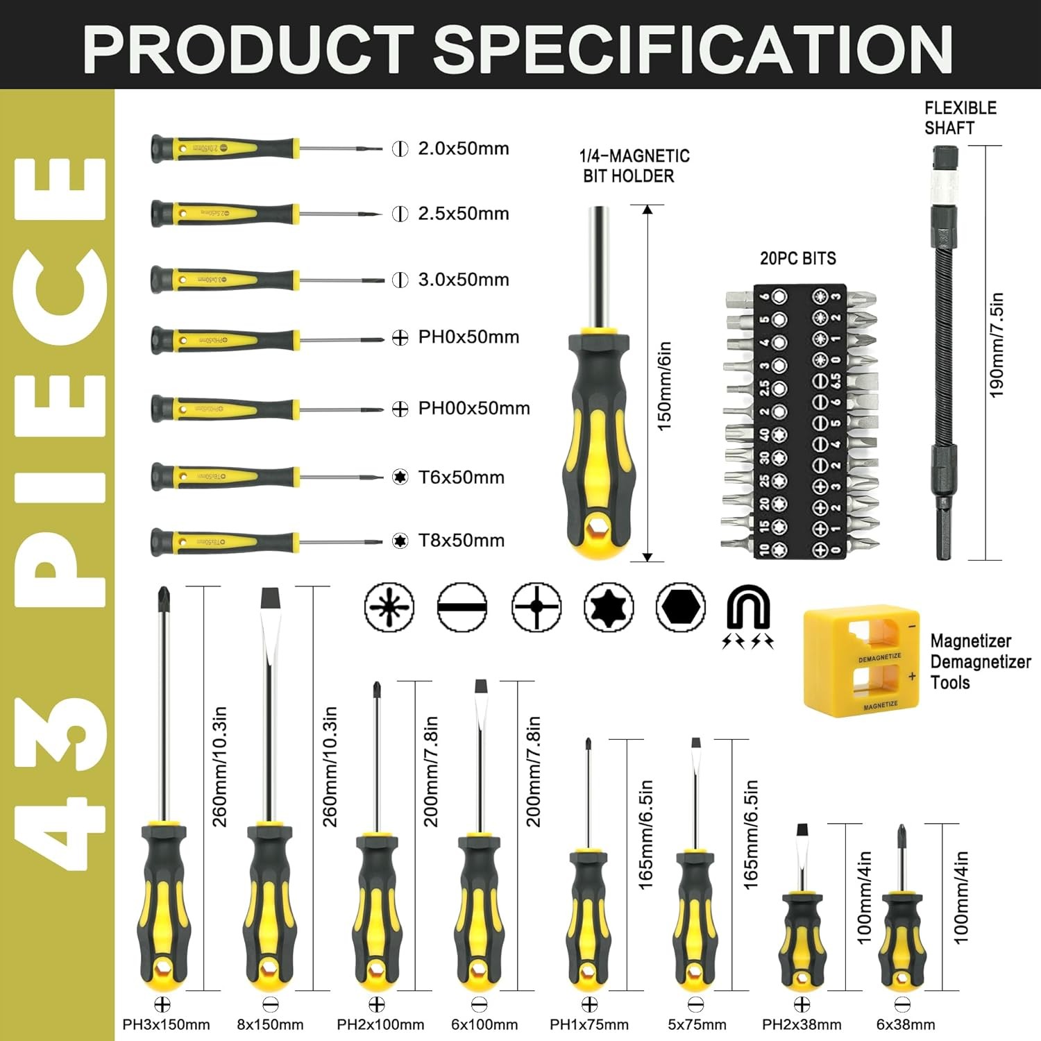 43Pcs Magnetic Screwdriver Set Slotted, Phillips, Hexagonal, Pozidriv, Magnetize