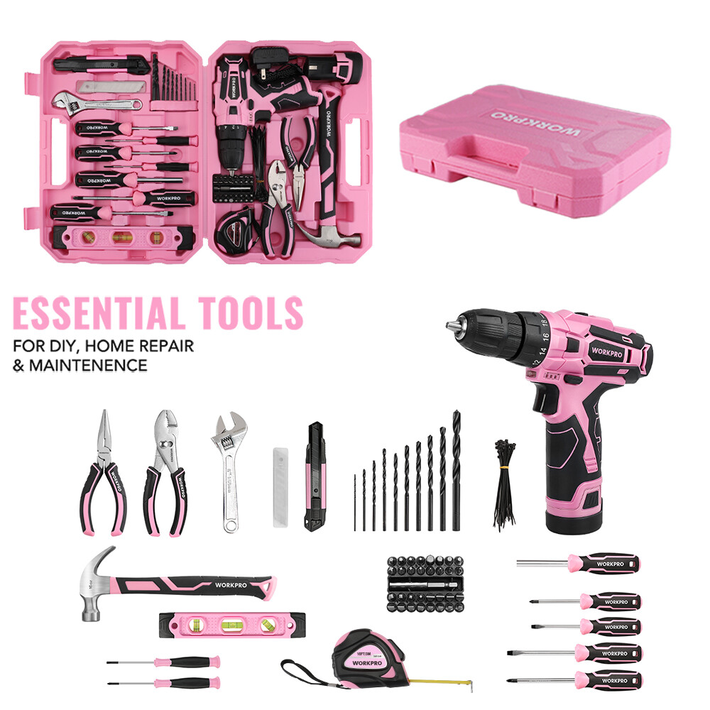 WORKPRO Pink Tool Set with Power Drill 108PCS Portable 1.5 Ah Cordless Drills