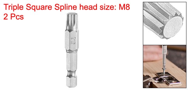 2pcs M8 Triple Square Spline Bit 1/4″ Hex Shank 2″ Long Magnetic No Hole Tip