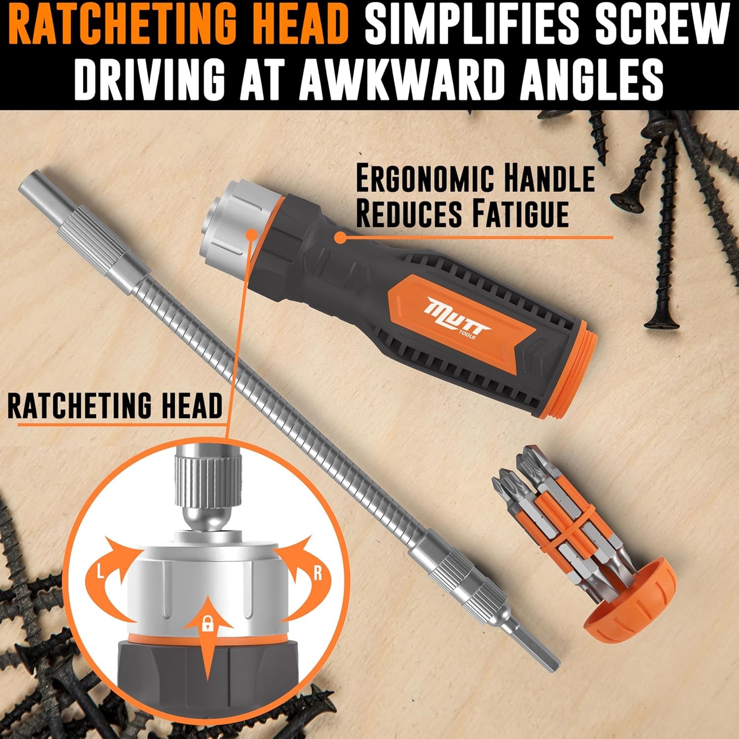 Mutt Tools 12 in 1 Ratcheting Flexible Screwdriver for Tight Orange, Gray