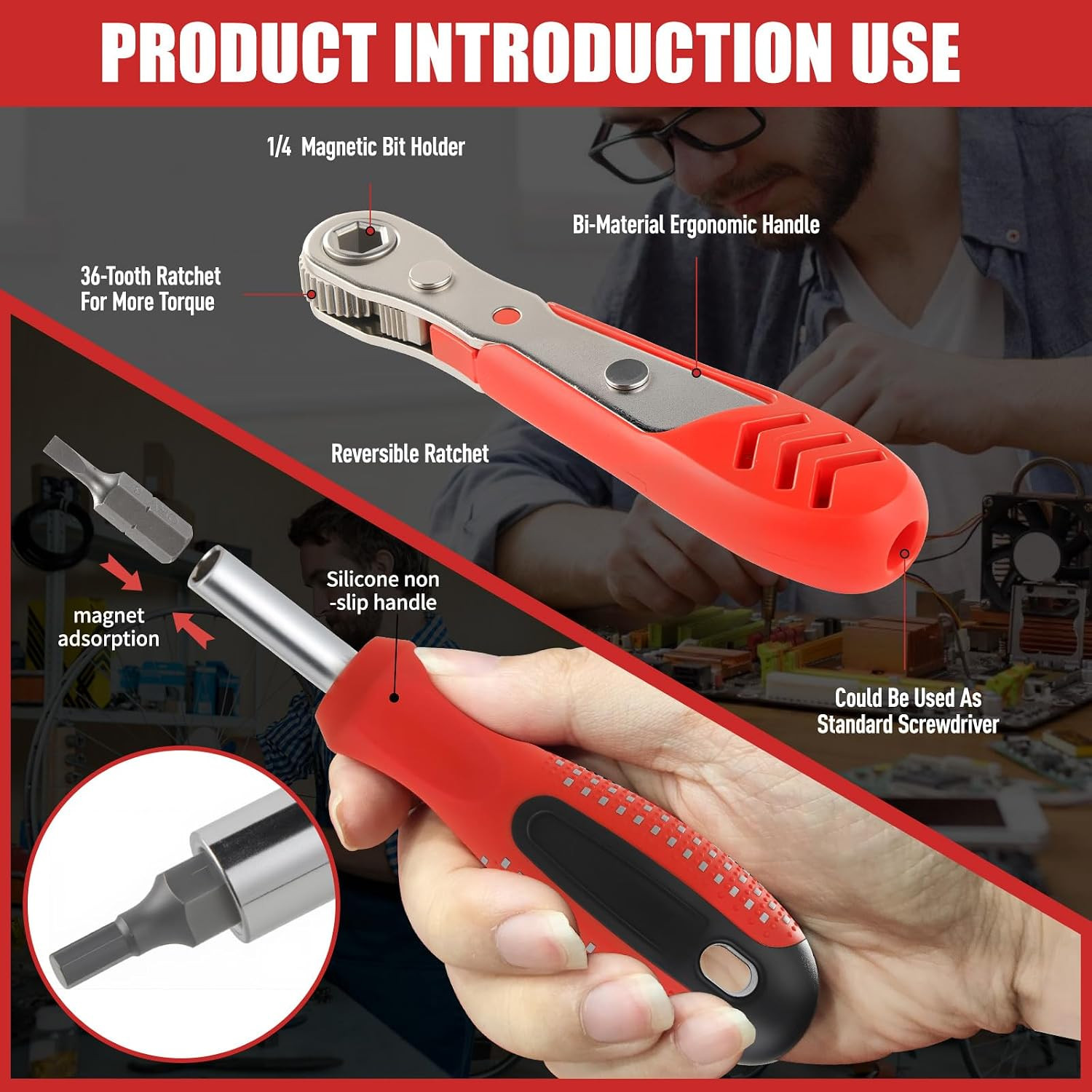 Multi-Bit Magnetic Ratcheting Screwdriver Set with Phillips, Slotted, Hex, Torx