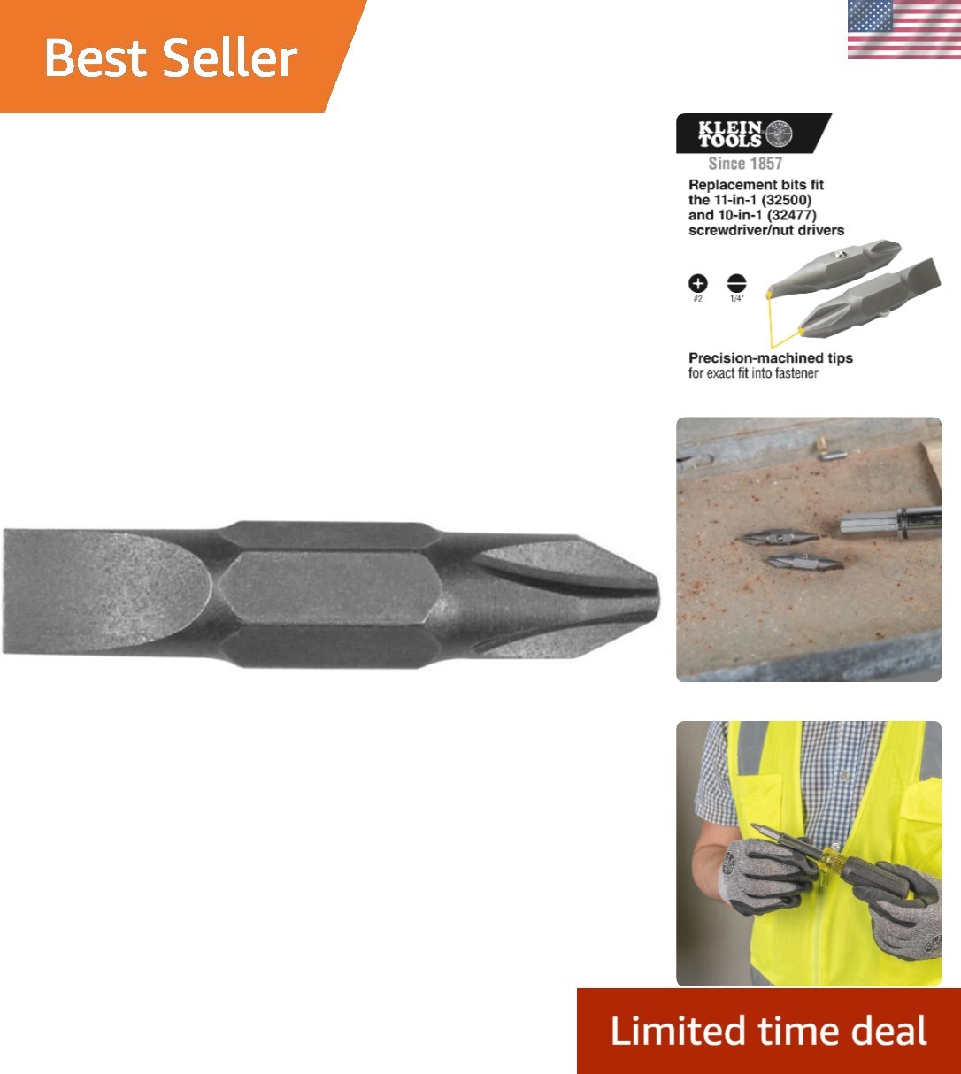 Brushed Finish Replacement Bit, #2 Phillips & 1/4-Inch Slotted for Klein Tools