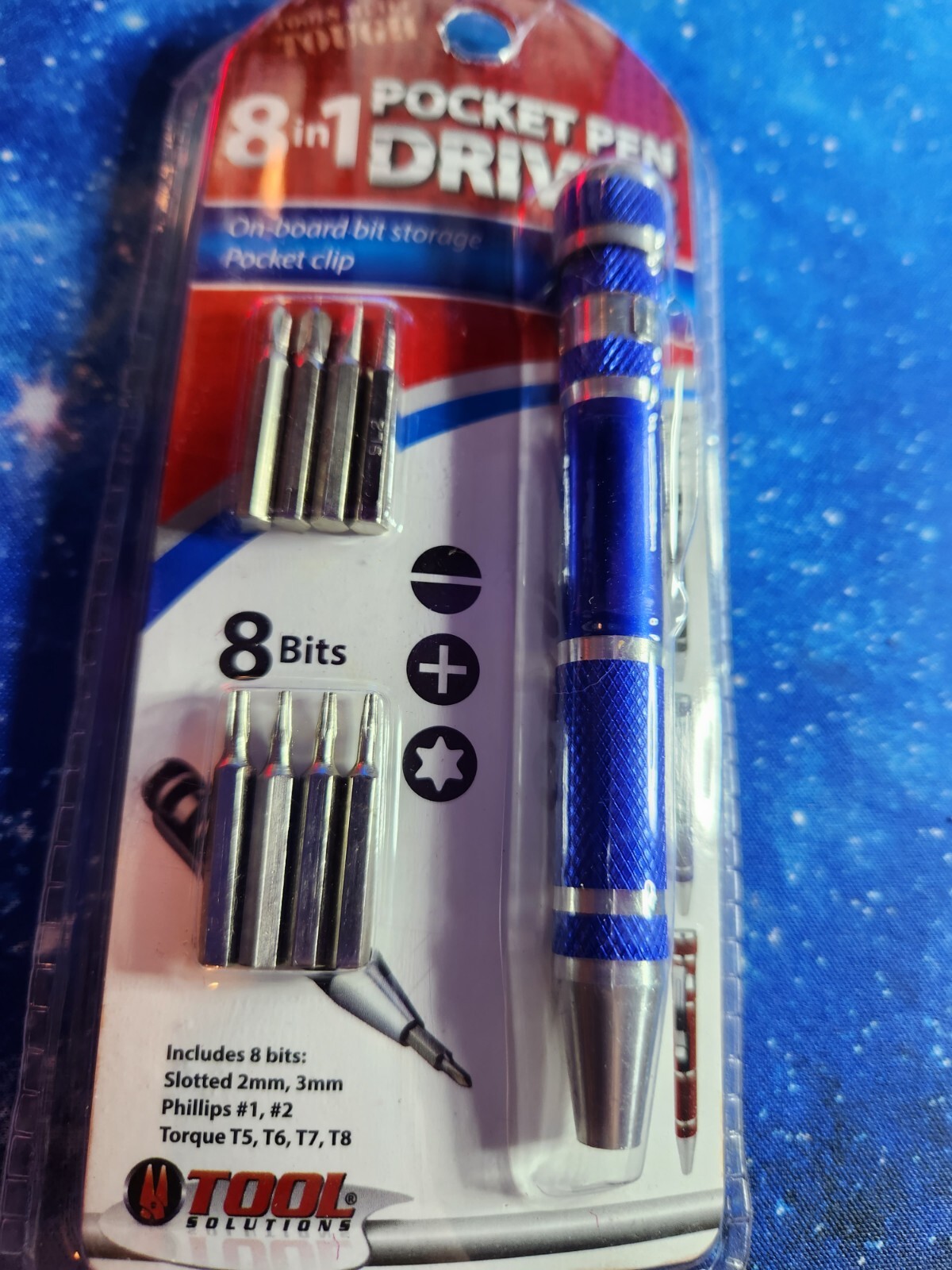Tool Solutions 8 in 1 Pocket Pen Driver w/ 8 Bits:phillips, torque &slotted Blue