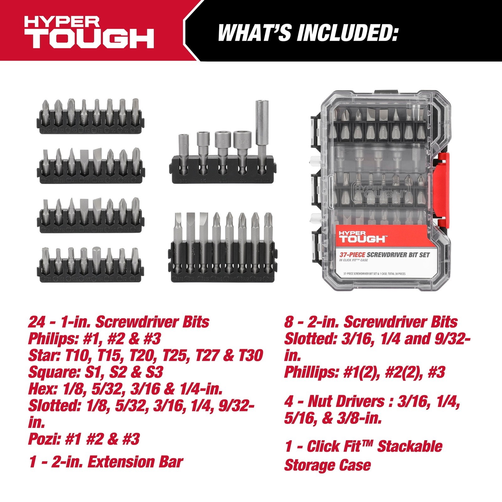 37-Pc Screwdriver Bit Set Includes Magnetic Bit Holder Storage Case Home Garage