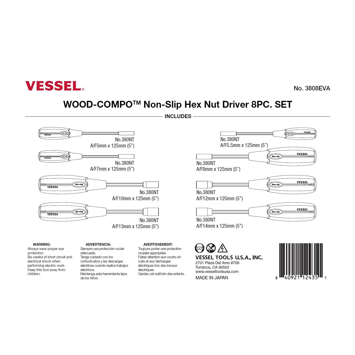 Vessel 3808EVA WOOD-COMPO Non-Slip Hex Nut Driver 8PC. Set