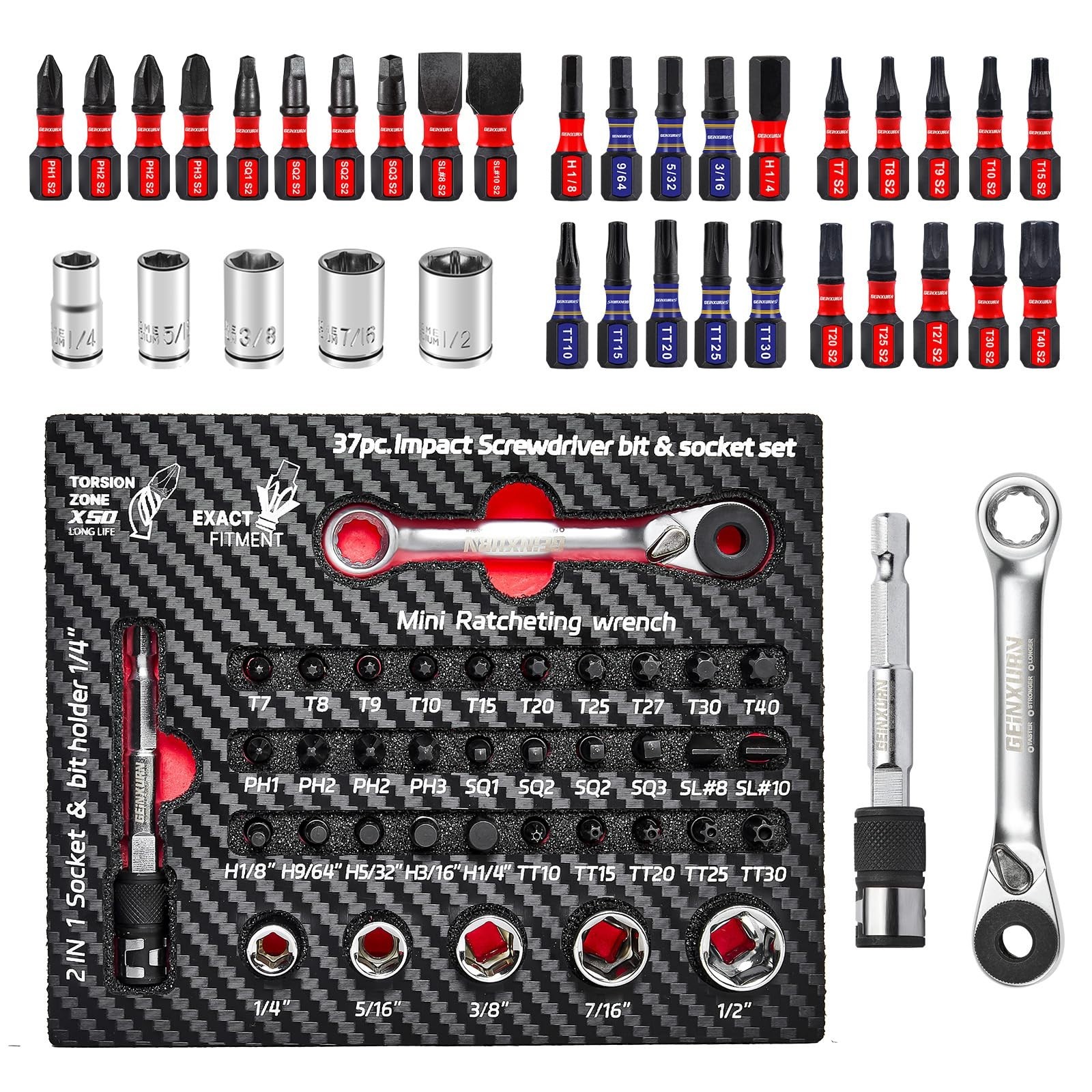 37-Piece Impact Screwdriver Bit & Socket Set, Mini Ratchet Wrench, 30 S2 Bits, 5