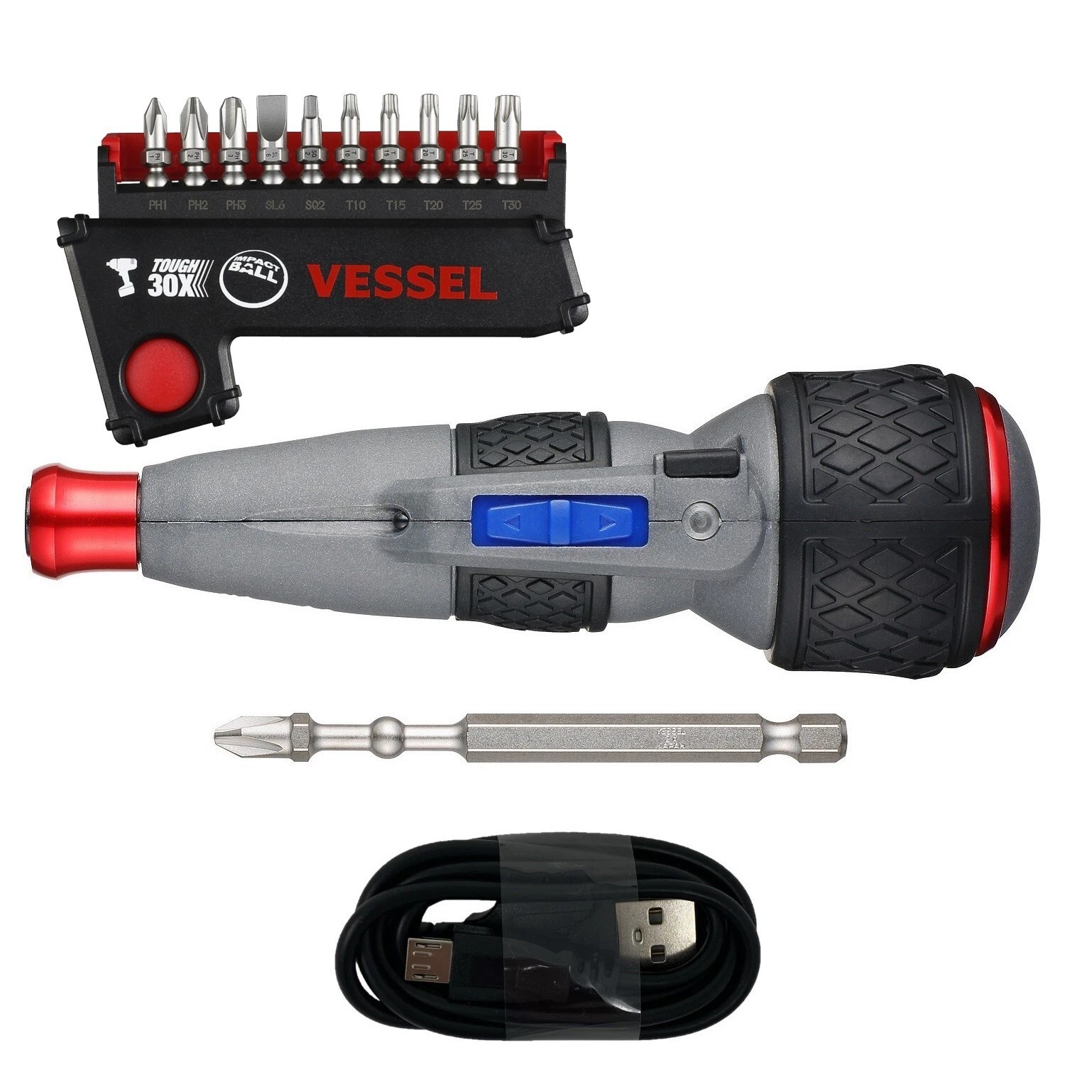 Vessel Cordless Electric Screwdriver w Ball Grip, High Speed, 11 pc Bit Set