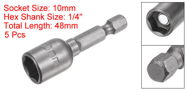 5pcs 1/4″ Quick-Change Hex Shank 10mm Magnetic Nut Driver Bit 1.89″ Length