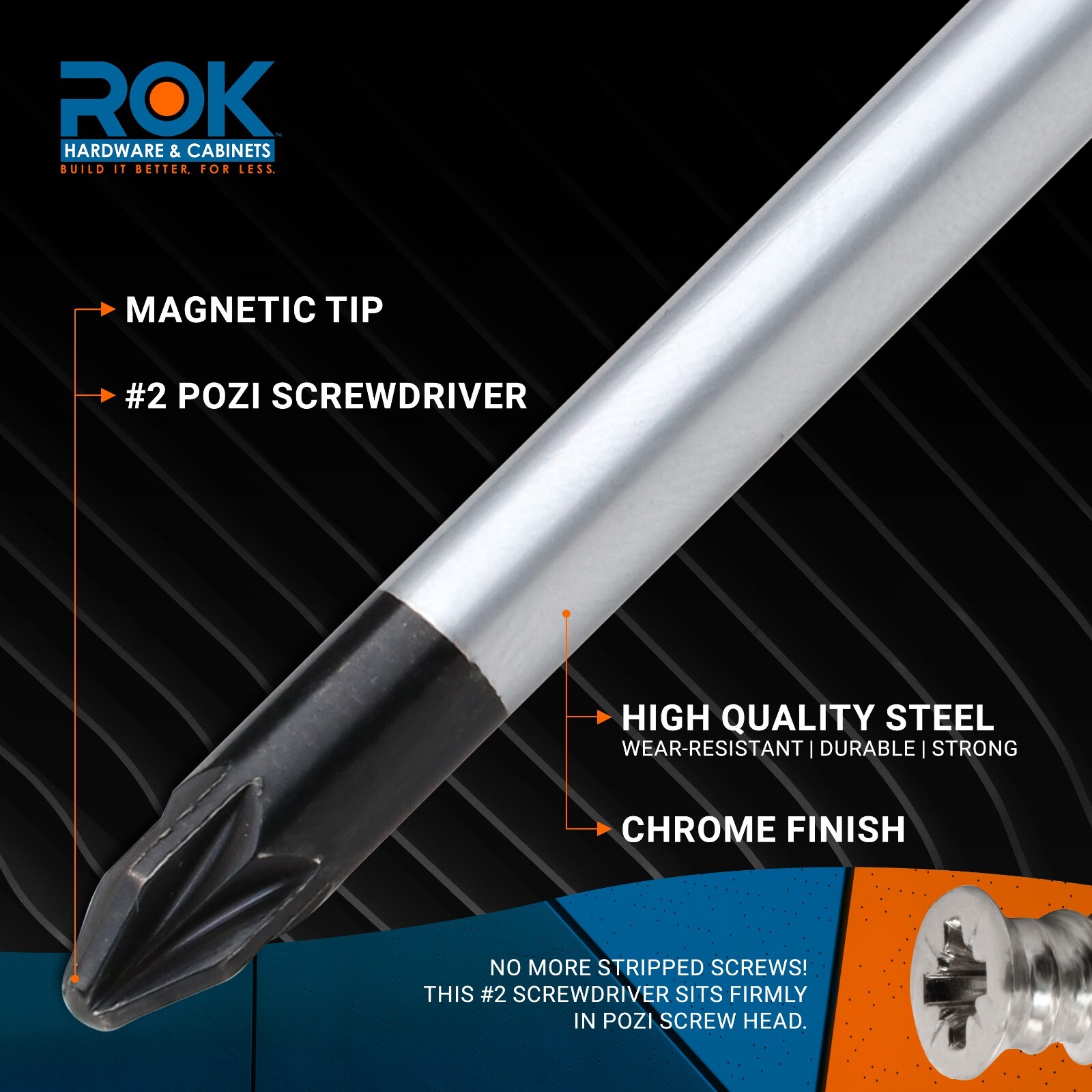 Rok Hardware Pozi #2 Screwdriver, Chrome Shaft with Orange Handle ROKPOZI