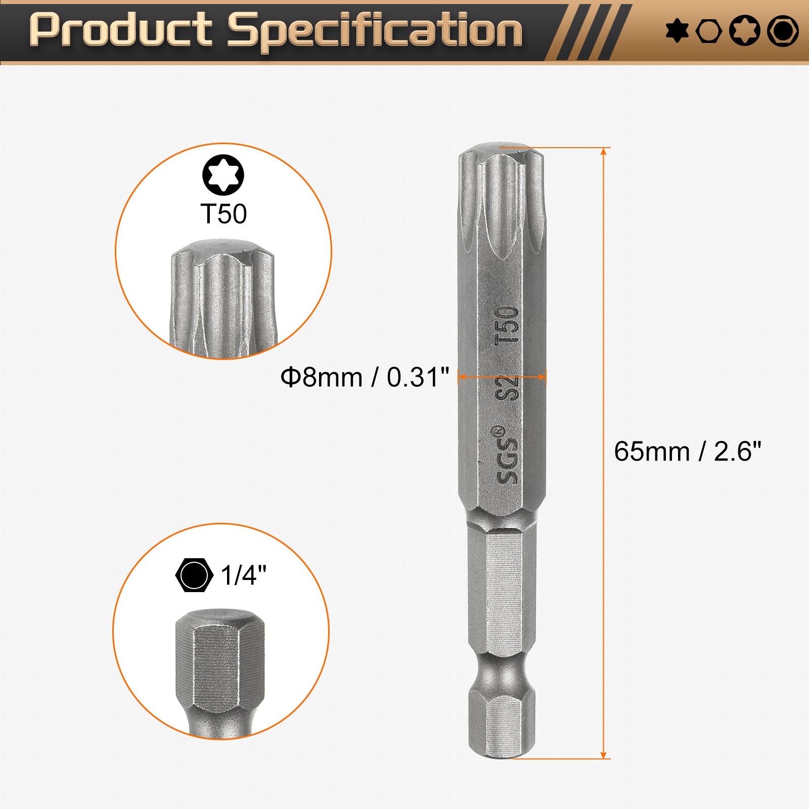 3pcs T50 Torx Head Screwdriver Bit 1/4″ Hex Shank 2.6″ Long Magnetic No Hole Tip
