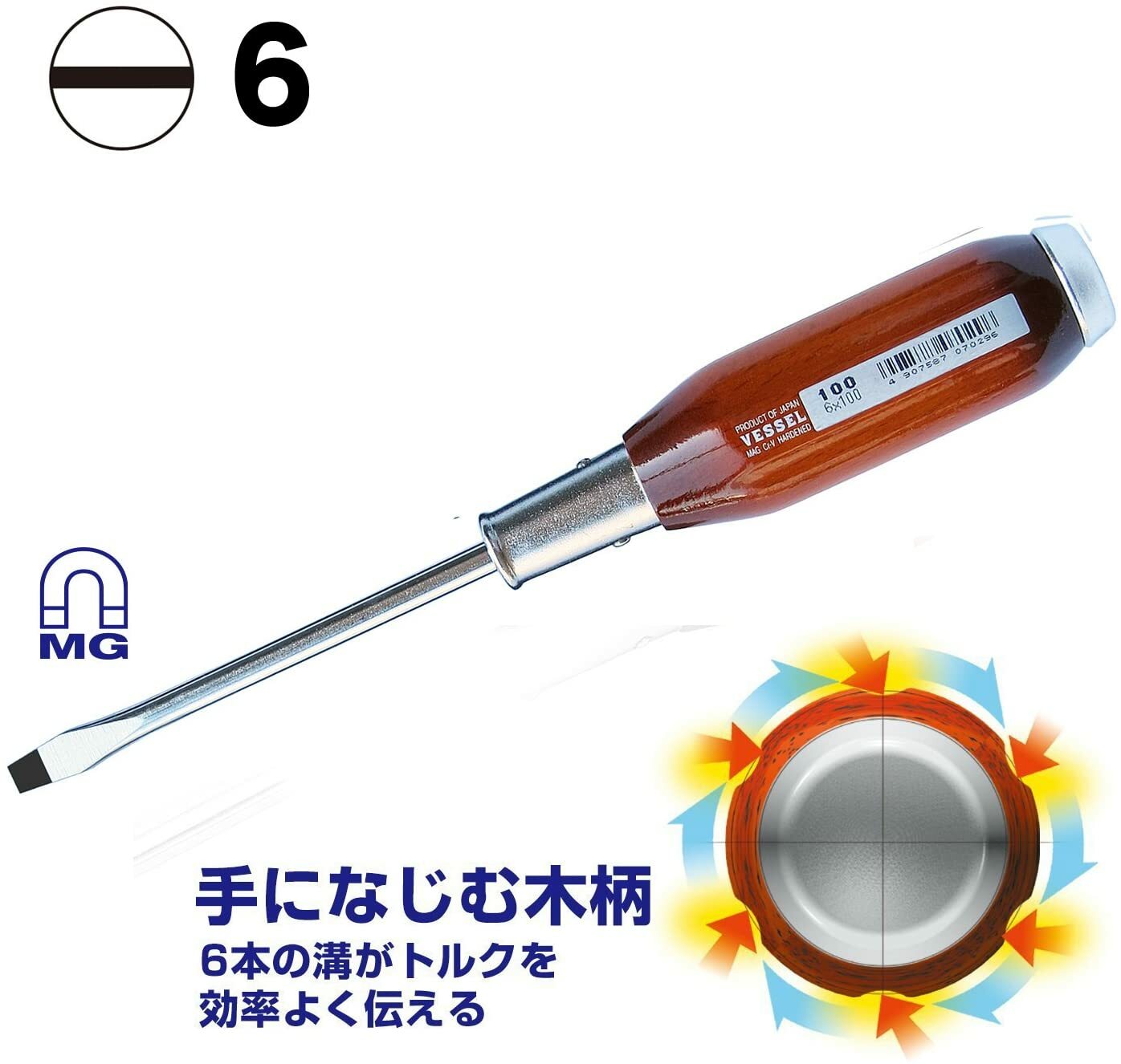 VESSEL 100 Phillips flat screwdriver 6-piece set penetrating wooden handle Japan