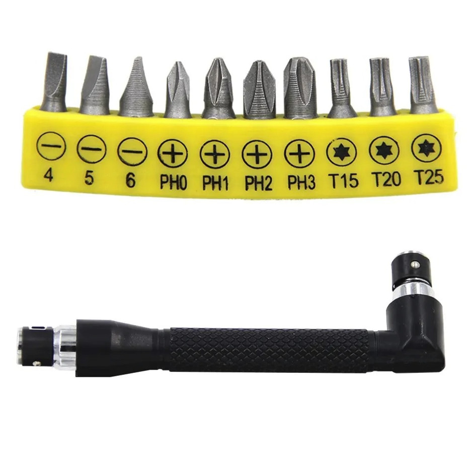1pc L-Shaped 1/4 Hex Screwdriver + 10pcs Bit Set 90° Double Head – NEW