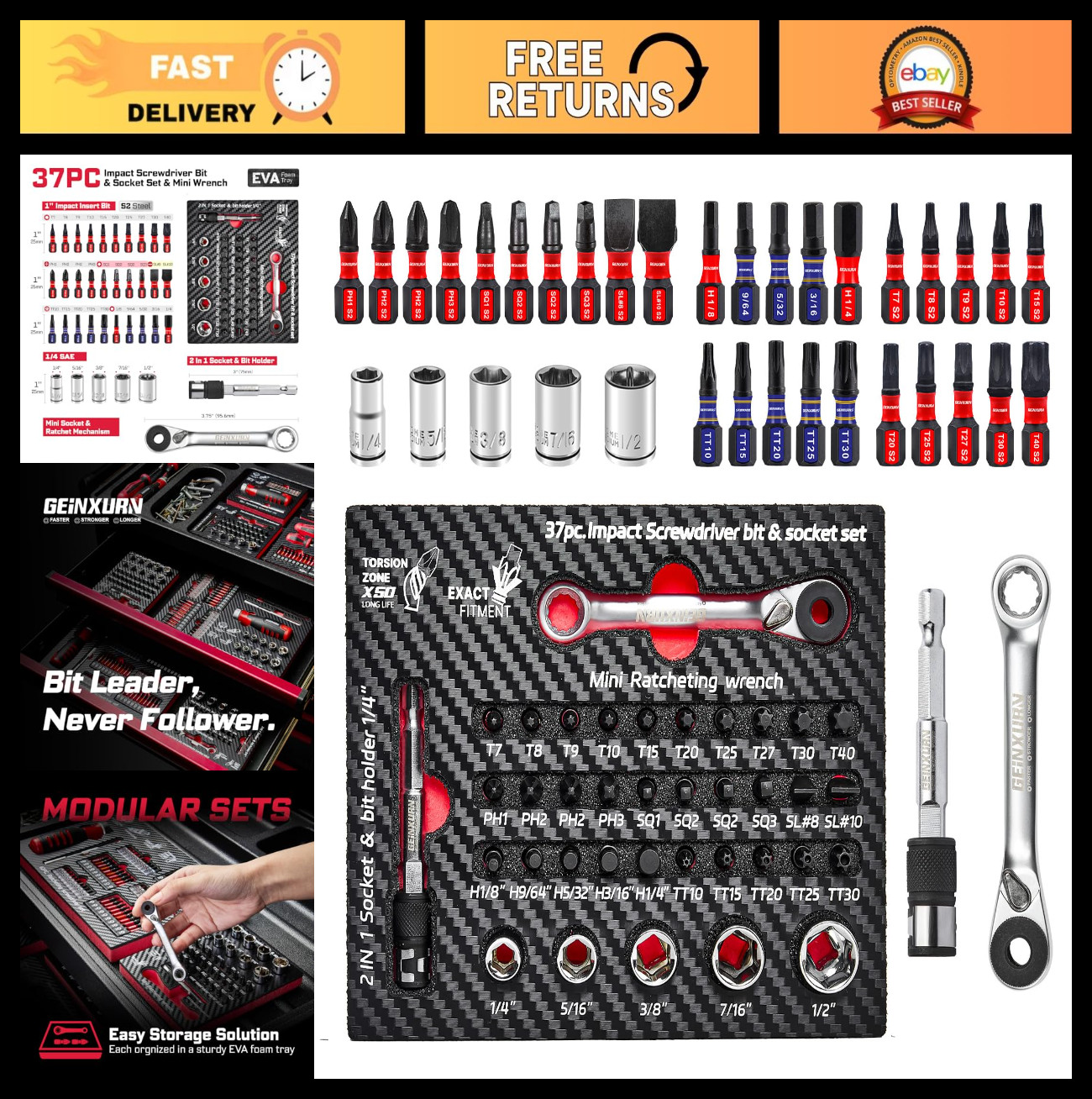 37-Piece Impact Screwdriver Bit & Socket Set, Mini Ratchet Wrench, 30 S2 Bits, 5