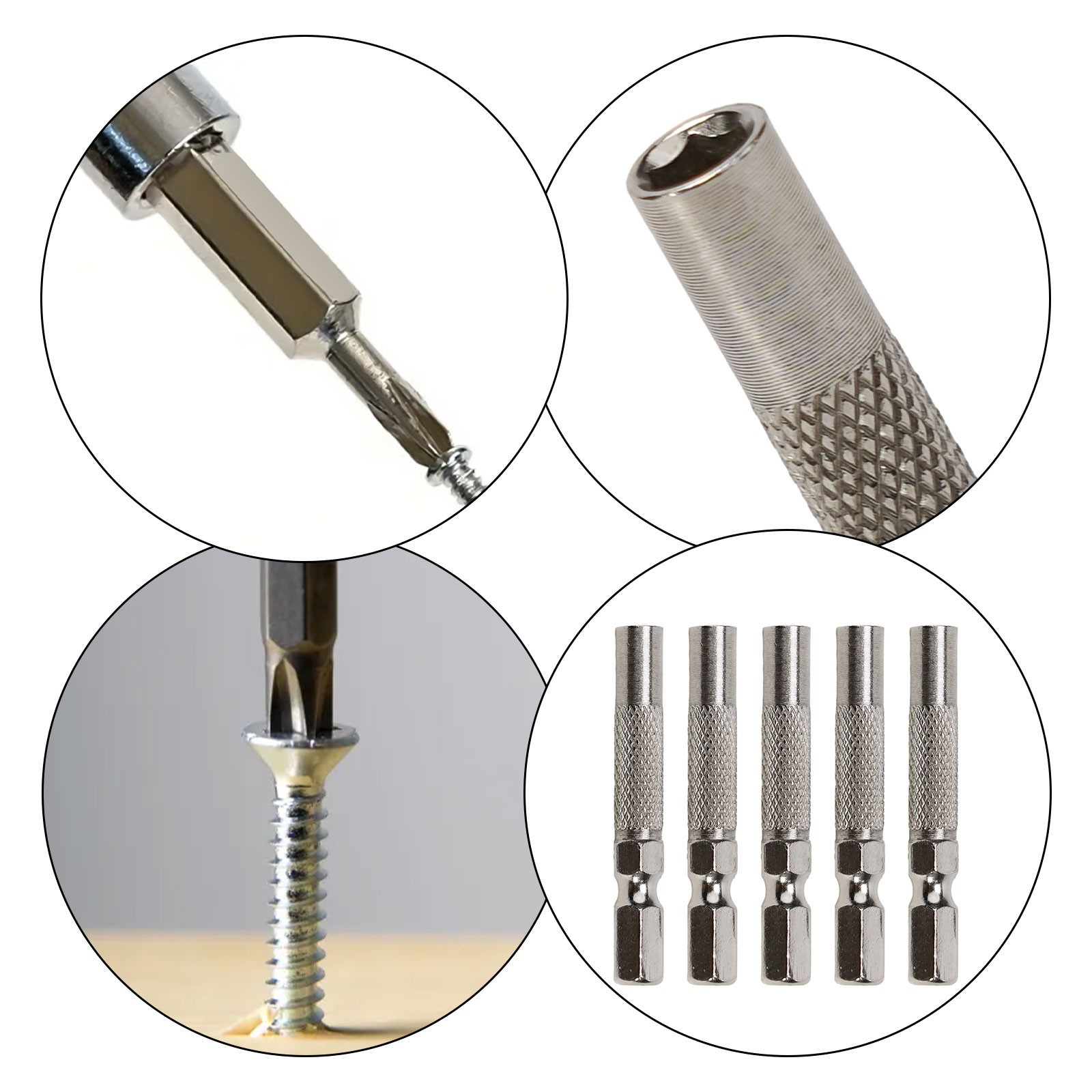 Silver 6.35mm 1/4″ Insert Bit Adapter 5PCS Hex 6.35mm Electric Screwdriver