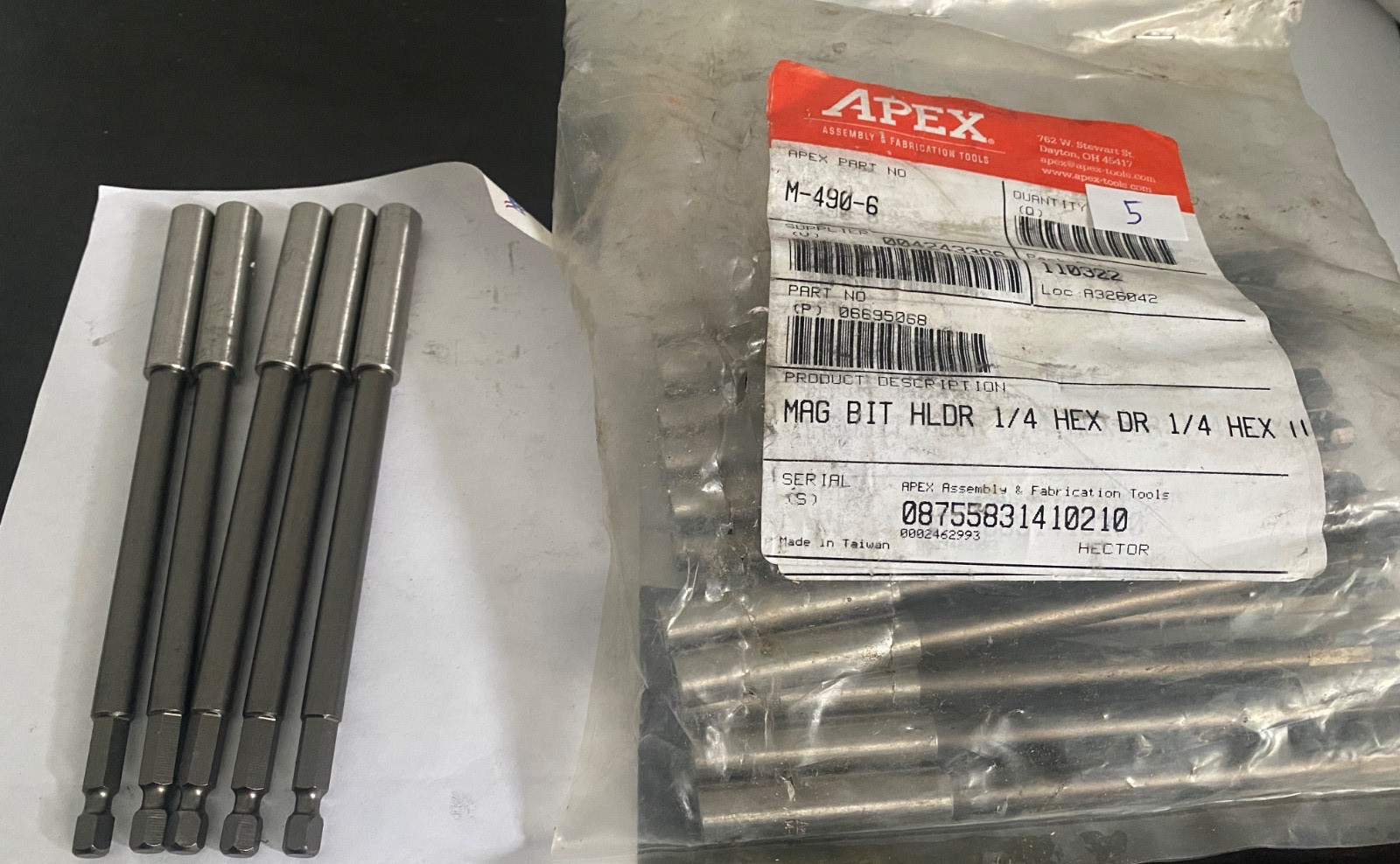 Apex Tool M-490-6 Mag Bit Holder,1/4″, Hex Dr 1/4″ Hex 11 – 5 Pack – NEW