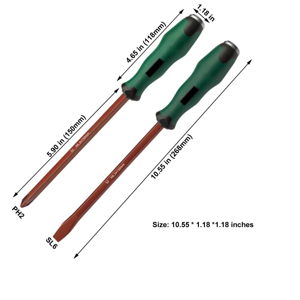 Demolition Screwdriver,2 Pieces 6 * 150mm S2 Steel Go Through Slotted and PH2…