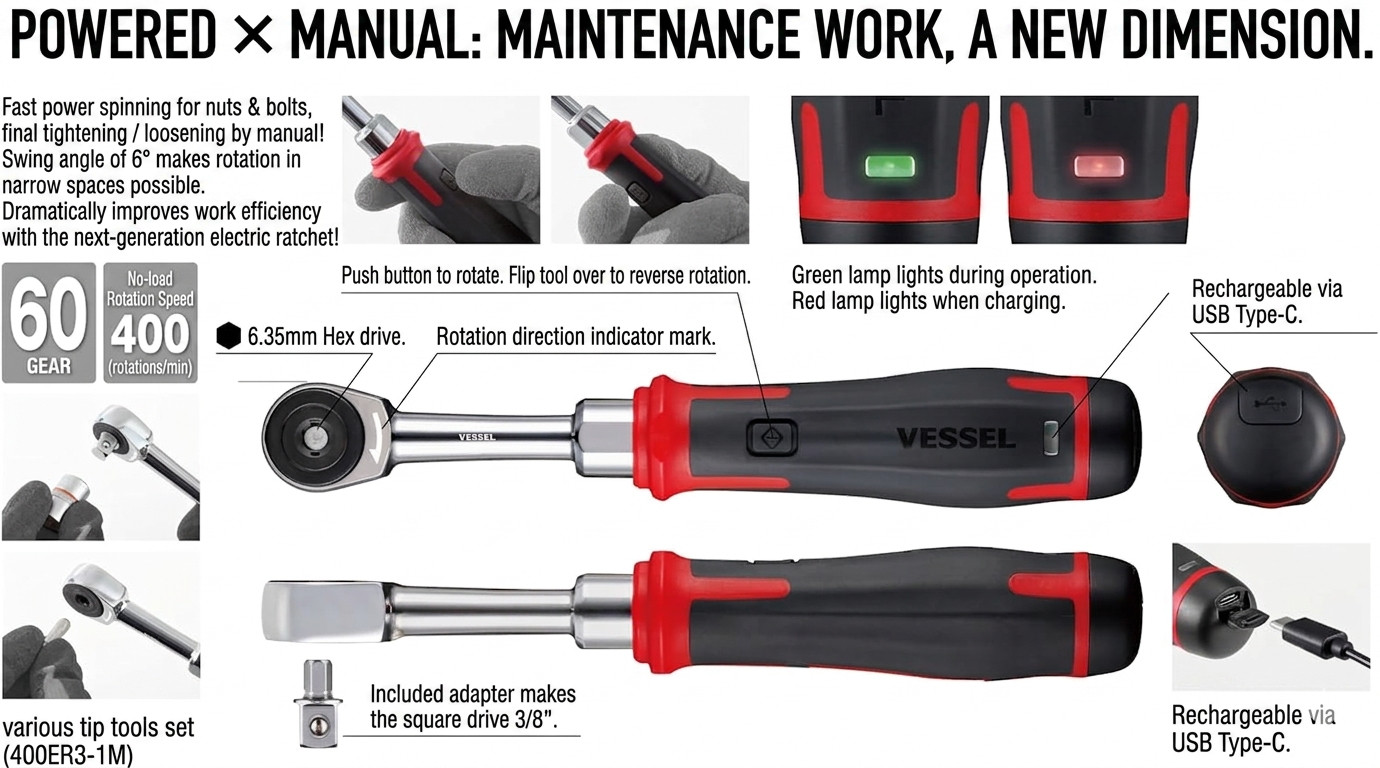 VESSEL 400ER3 Cordless Electric Slim Ratchet 3/8″ Drive USB-C 400RPM Japan New