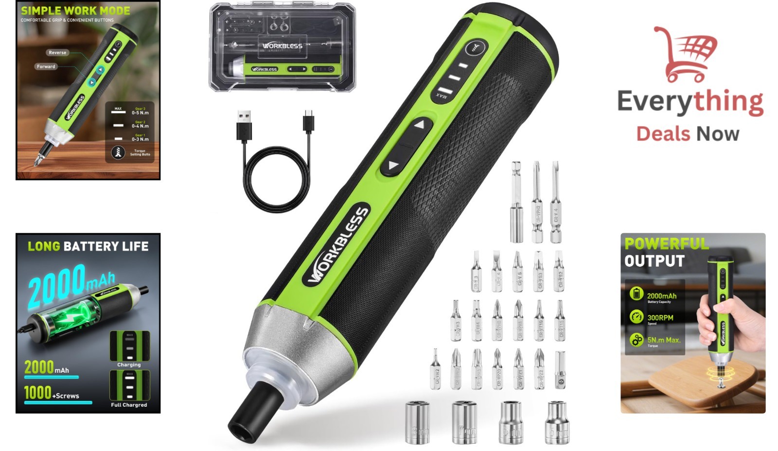 3.7V Cordless Electric Screwdriver Set 5Nm 300RPM USB-C LED Light 26 Pc Bit Kit