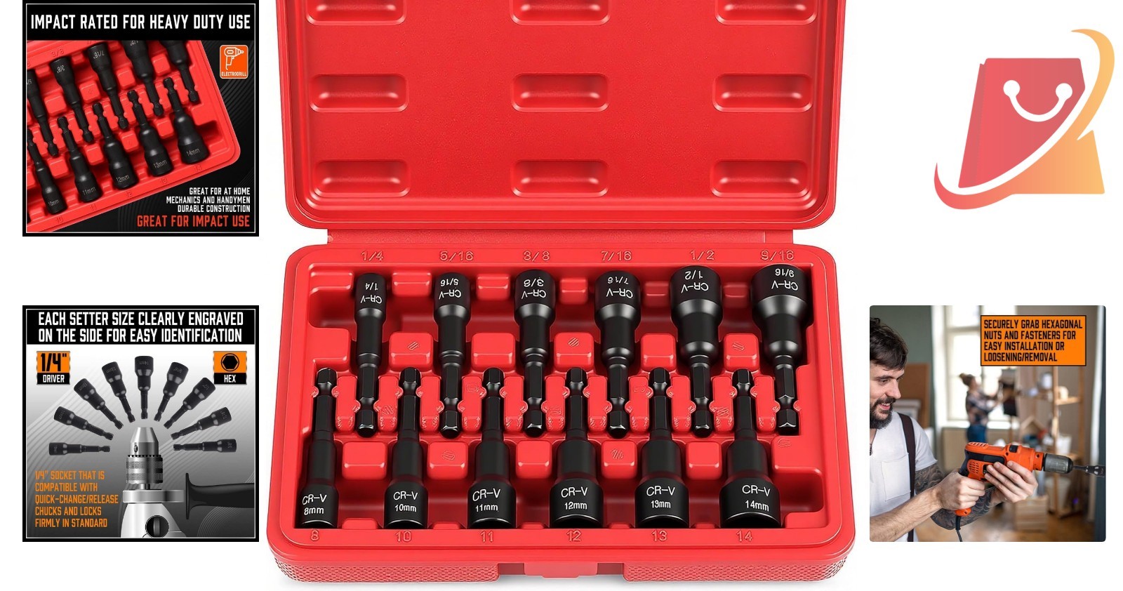 12-Piece Magnetic Nut Driver Set Impact Power Hex SAE & Metric Quick-Change