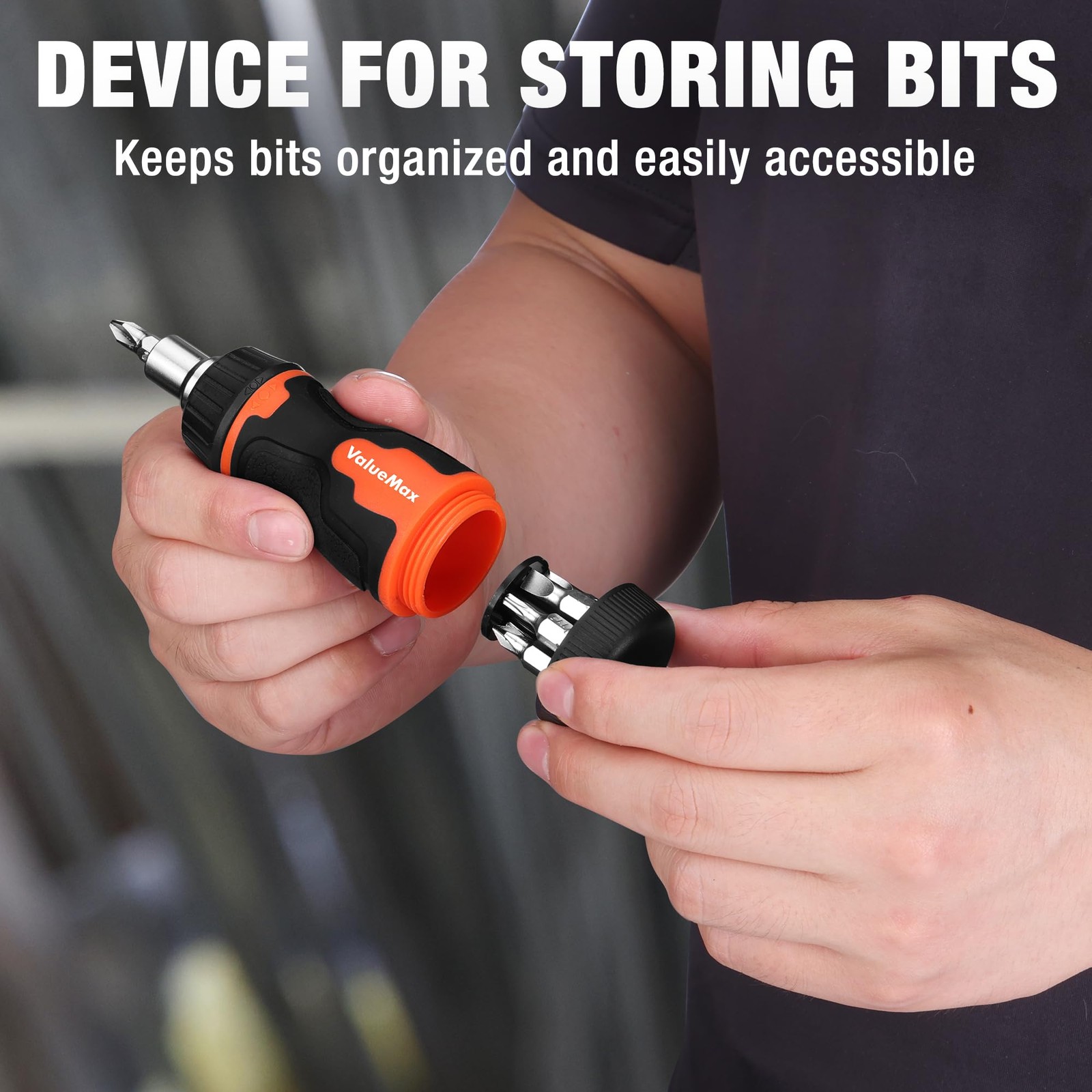 ValueMax 8-in-1 Stubby Ratcheting Screwdriver, Multi-bit Black & Orange