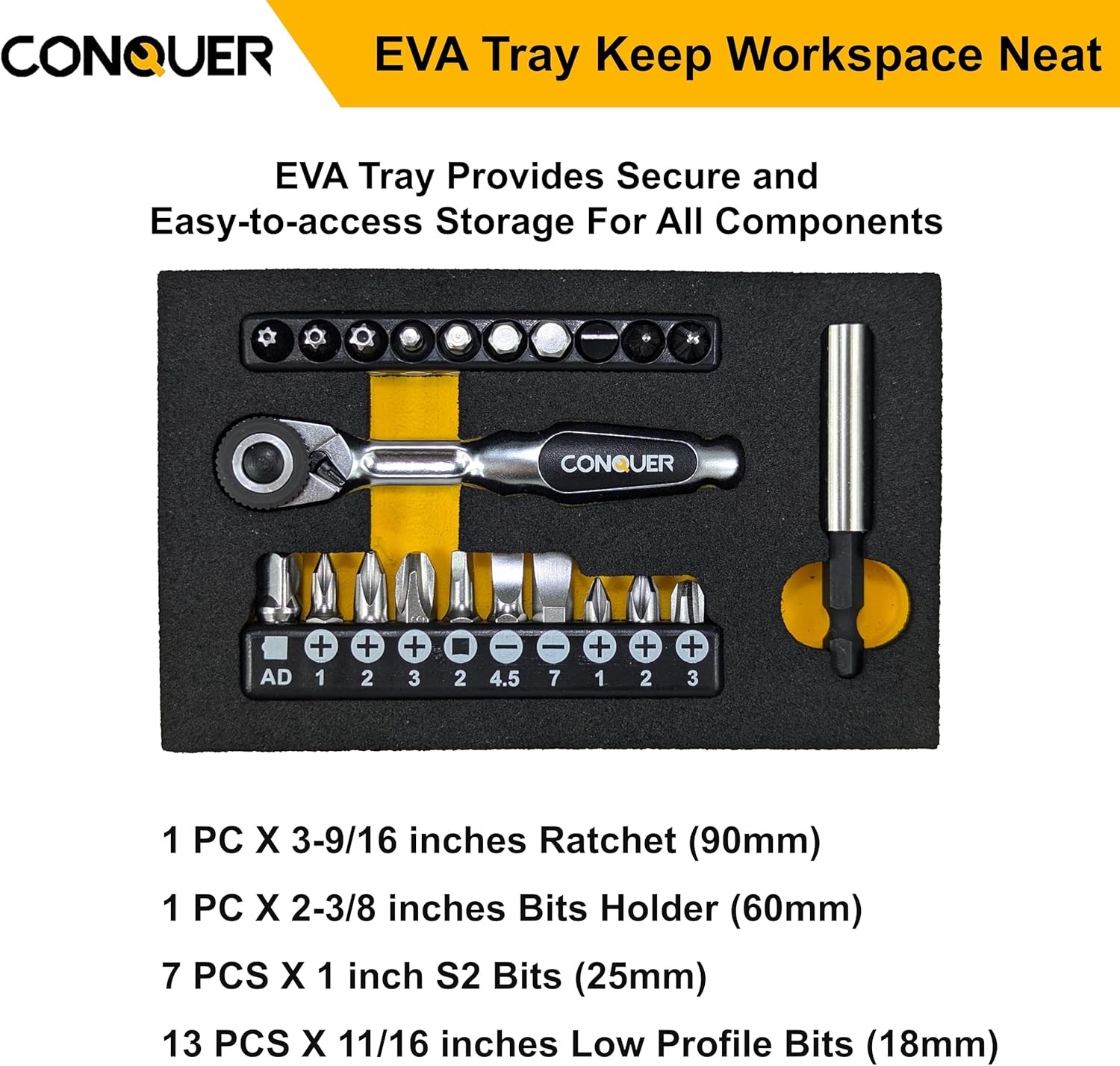 CONQUER 22pc 1/4 Ultra Low Profile Mini Ratchet Close Quarter Mini Screwdriver S