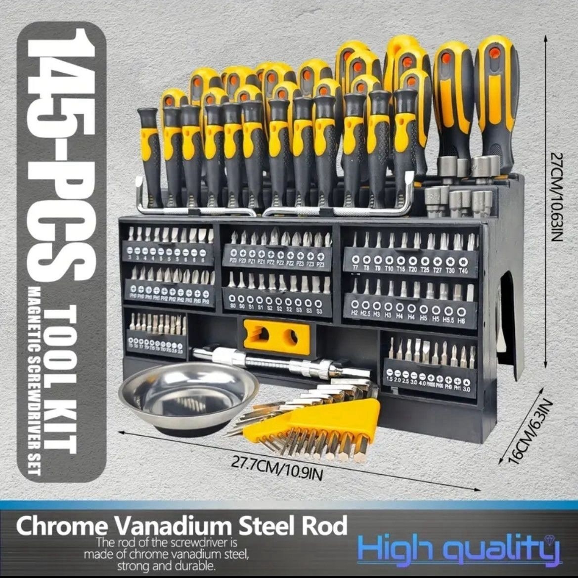 145PCS Magnetic Screwdriver Set Repair Tool Kit CR-V Steel with Organizer Stand