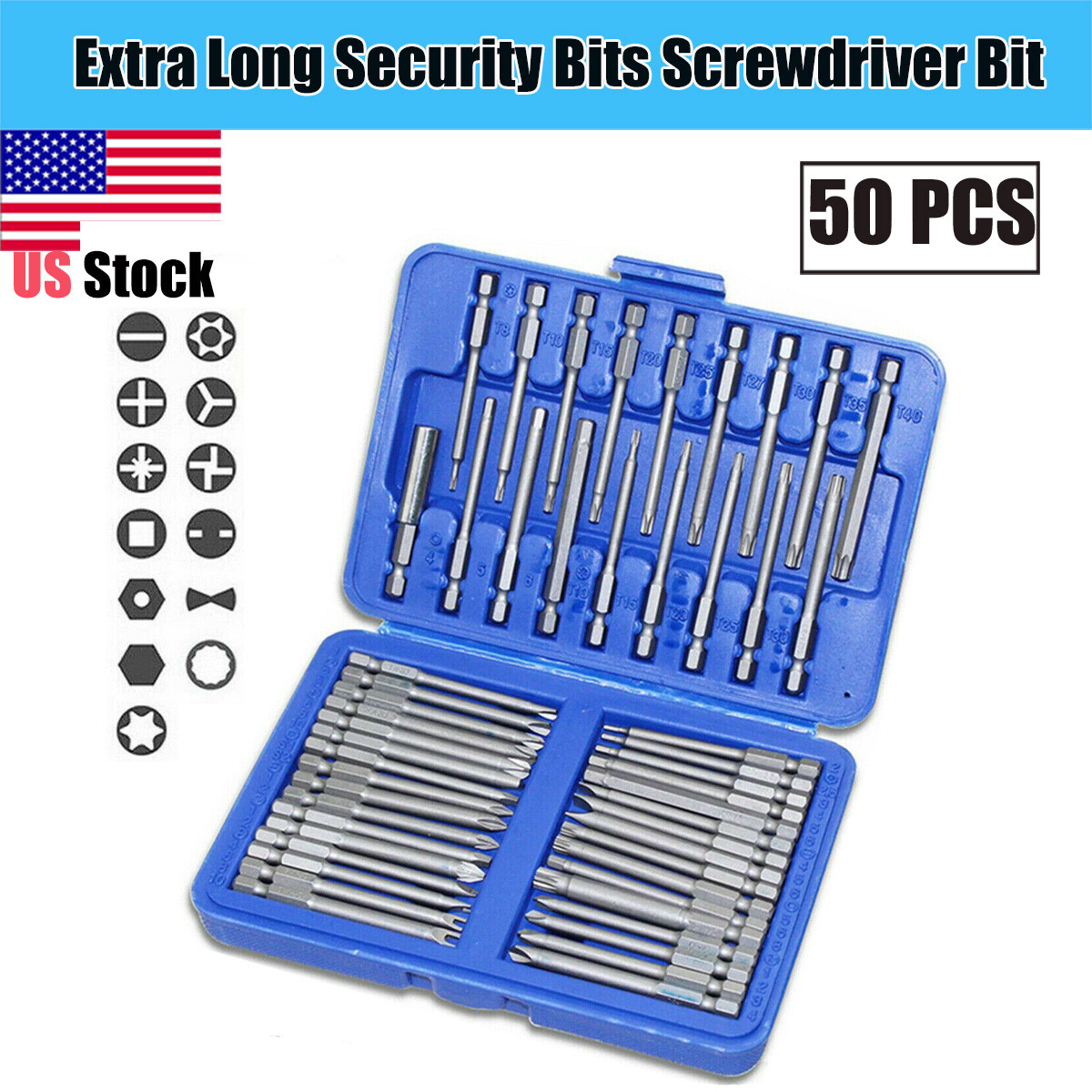 50pcs Extra 75mm Long Security Bits Hex Torx Star Spline Flat Screwdriver Bit