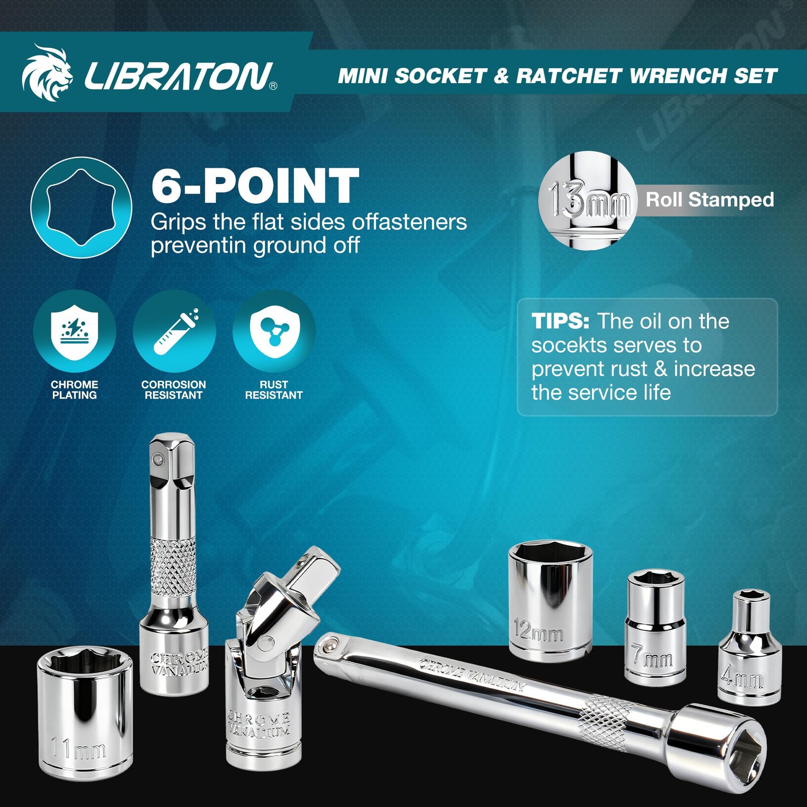 LIBRATON 1/4″ Drive Mini Socket & Ratchet Wrench Set Blue With Silver Accents