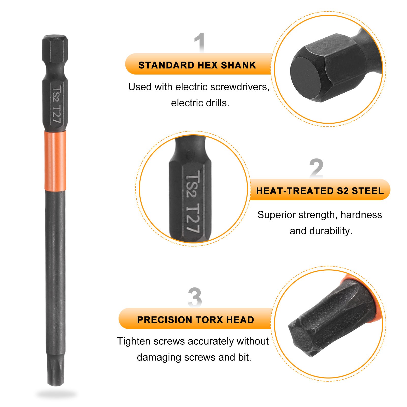 5pcs T27 Torx Head Screwdriver Bit 4″ Long 1/4″ Hex Shank Magnetic Screw Driver