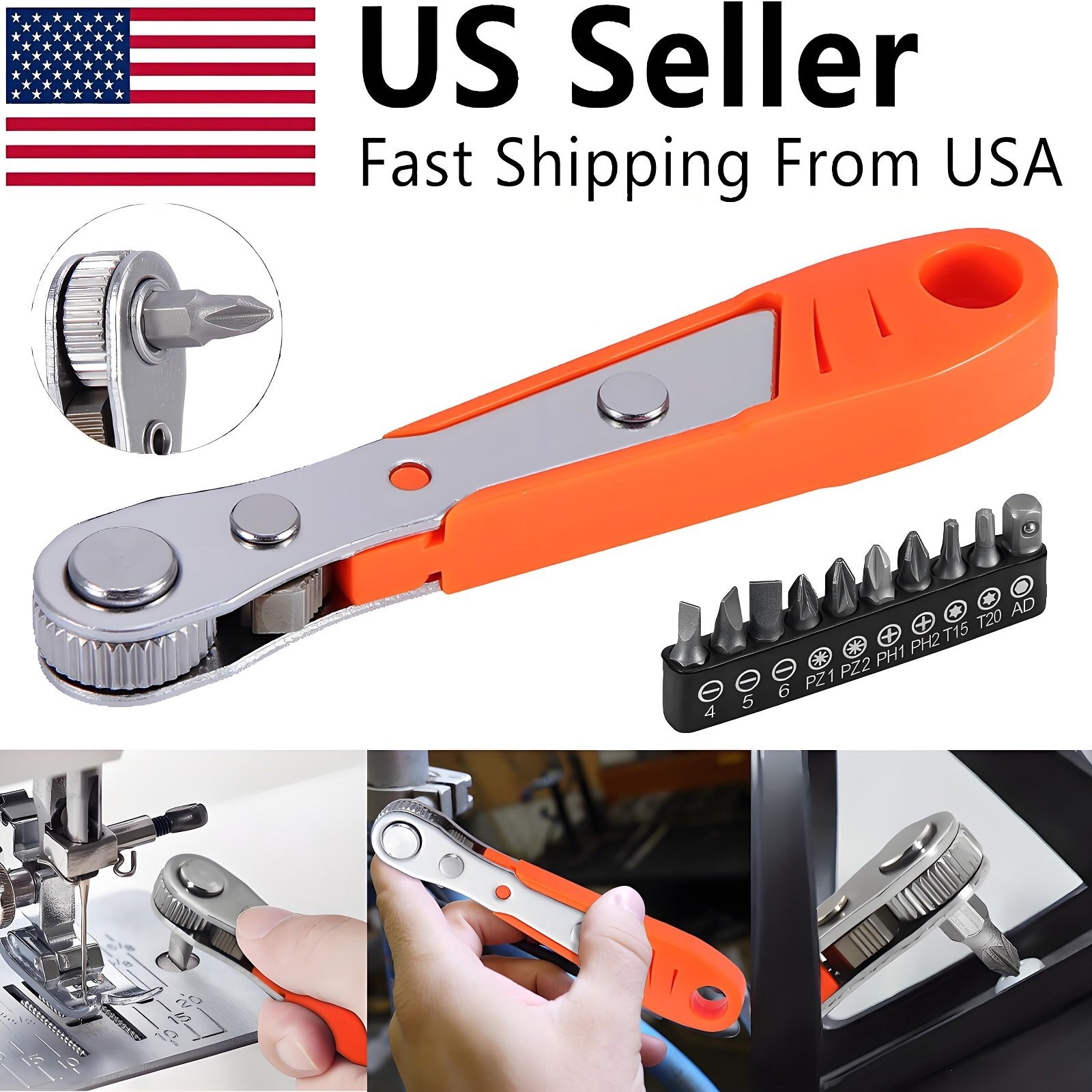 Ratcheting Right Angle Screwdriver Hex Drive 90 Degree Offset + 10pc Bits Set US