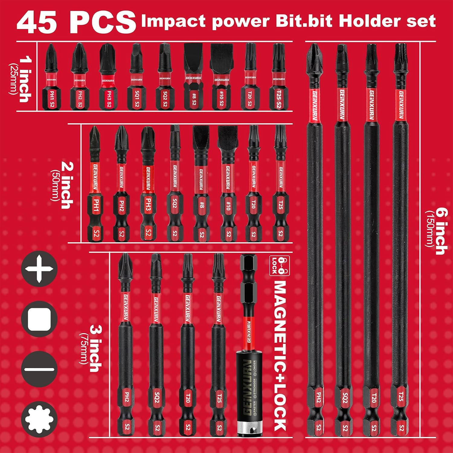 Impact Tough Magnetic Mixed 45Pack Insert Driver Bits, S2 Alloy Steel