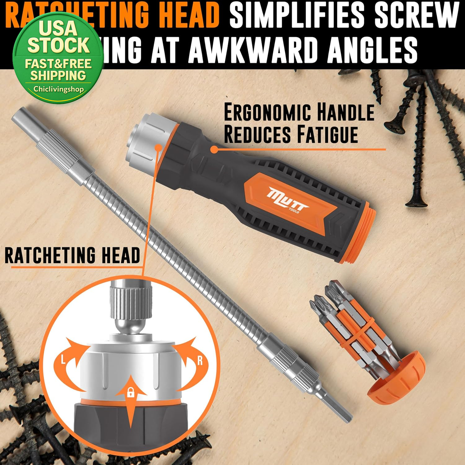Ratcheting Flexible Screwdriver 12 in 1 Shaft Bit Holder Phillips Slotted Torx