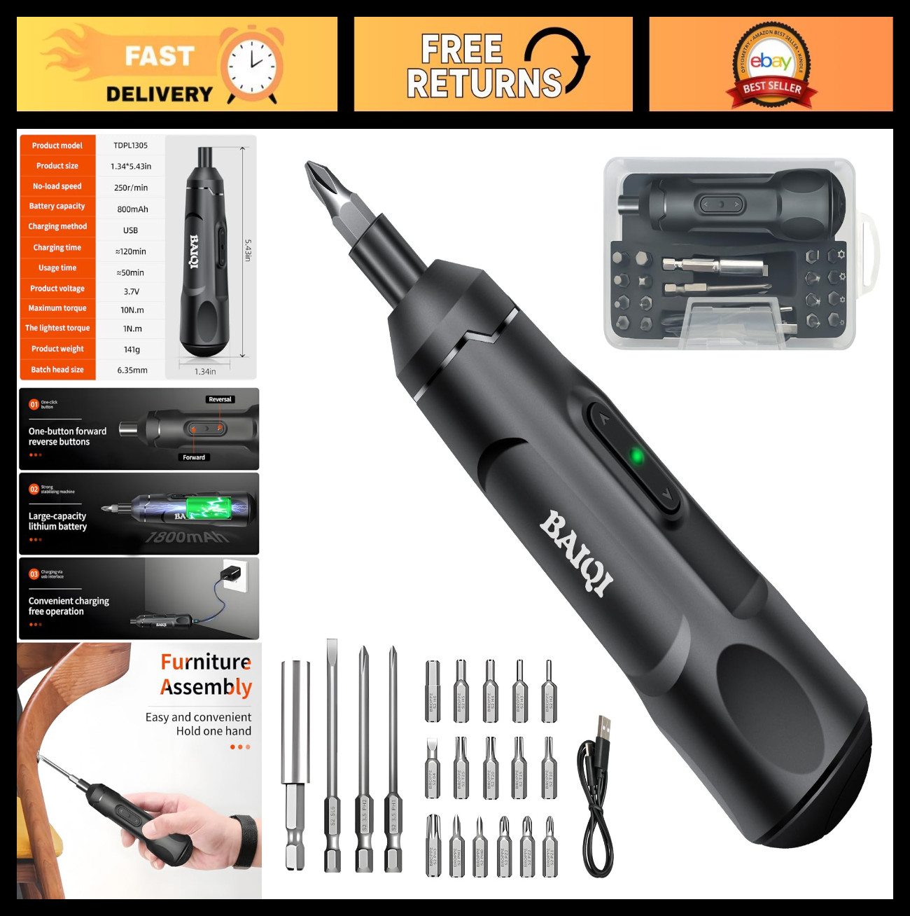 Mini Electric Screwdriver Set, 3.7V Rechargeable Cordless Tool with 20 Bits, USB
