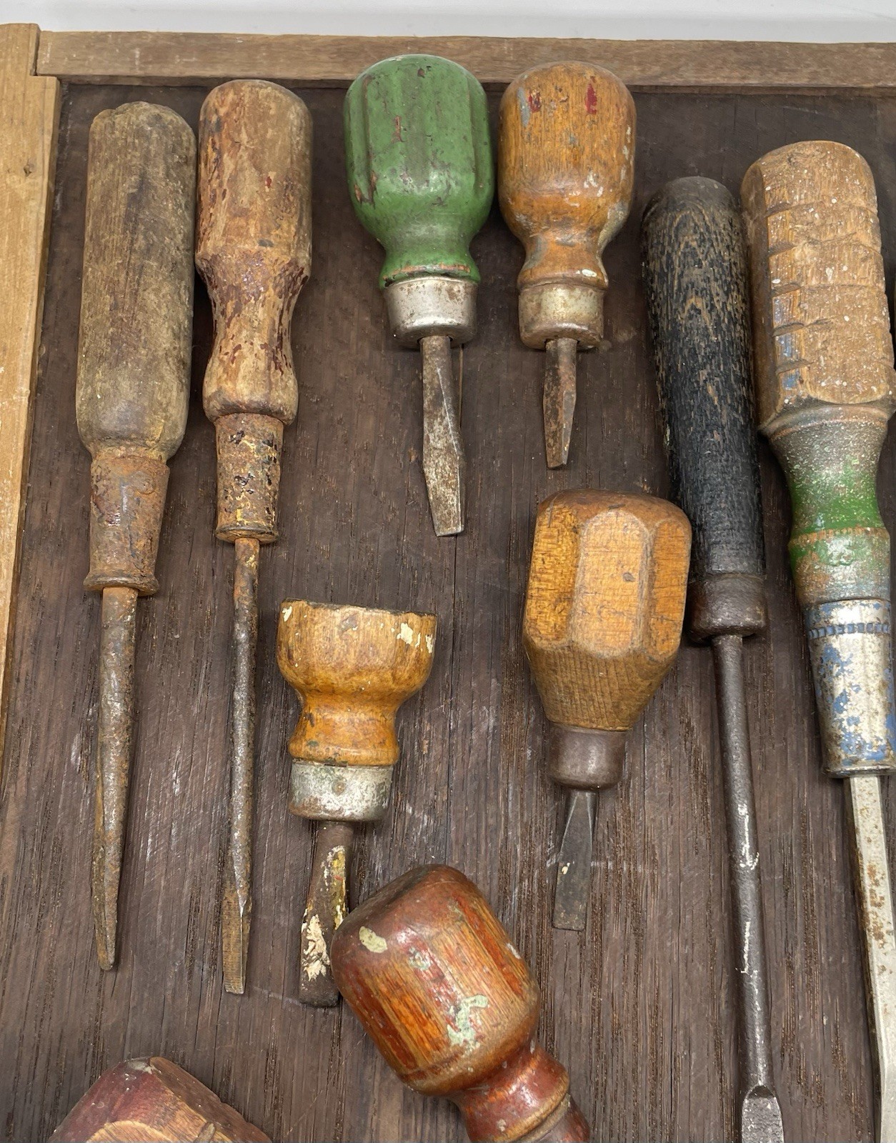 Antique Wood Handle Screwdrivers & Hand Tools In Primitive Wooden Box