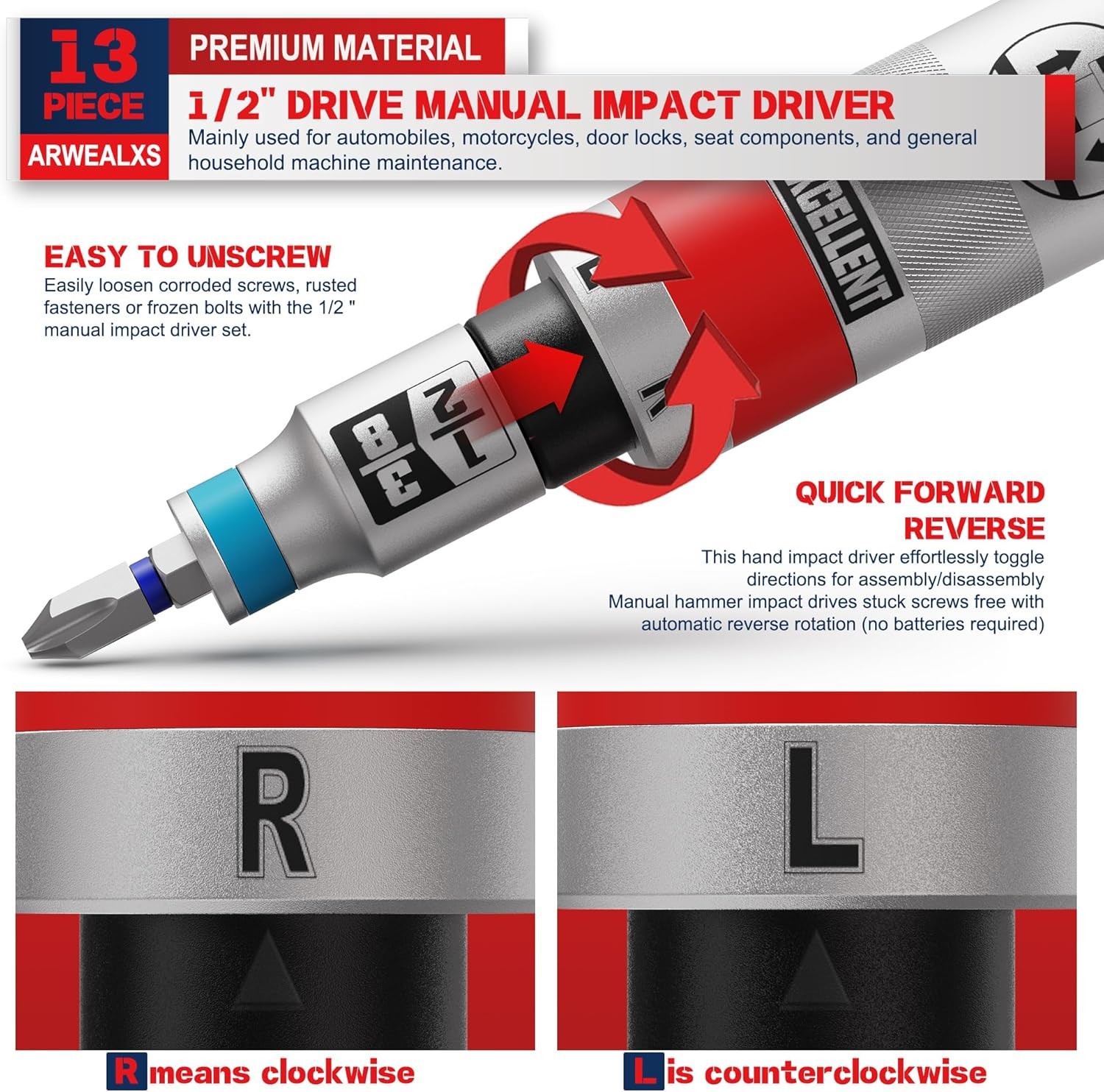 13Pcs 1/2″ Drive Manual Impact Driver Kit,Reversible Hand Impact Screwdriver Set
