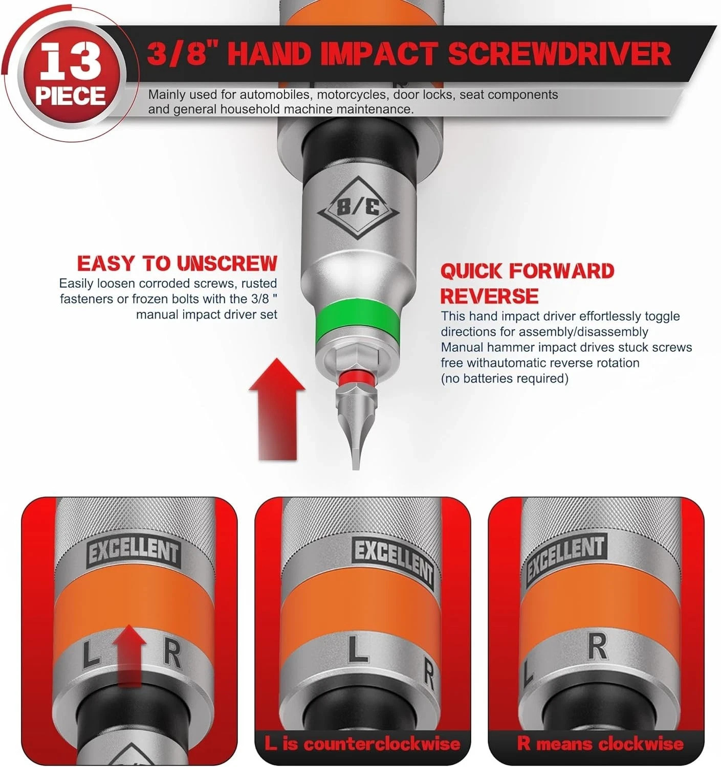 13 Piece 1/2″ Drive Manual Impact Driver, Reversible Hand Impact Screwdriver Set