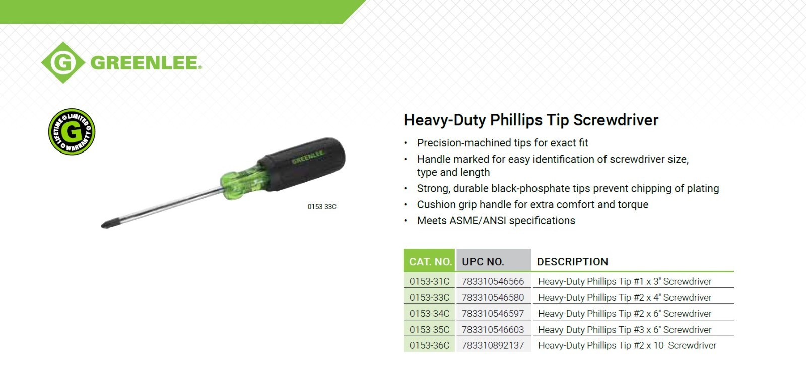 Greenlee 0153-31C Heavy‑Duty Phillips Tip #1 x 3″ Screwdriver