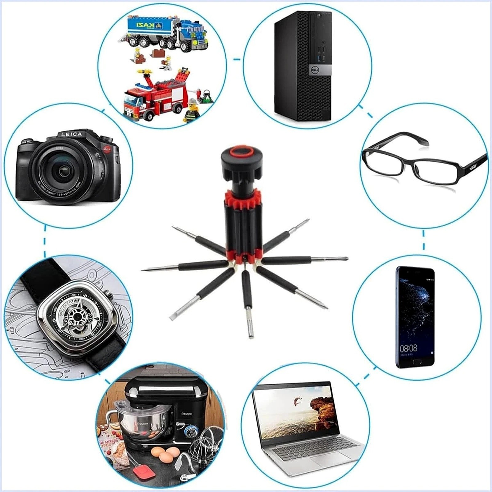 8 In 1 Portable Multifunctional Screwdriver 6 LED Light Slotted Phillips Folding