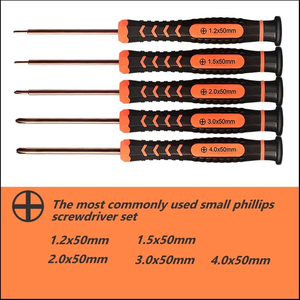 Small Phillips Screwdriver Set,TECKMAN 5 Piece Repair Tools Kit Black, Orange