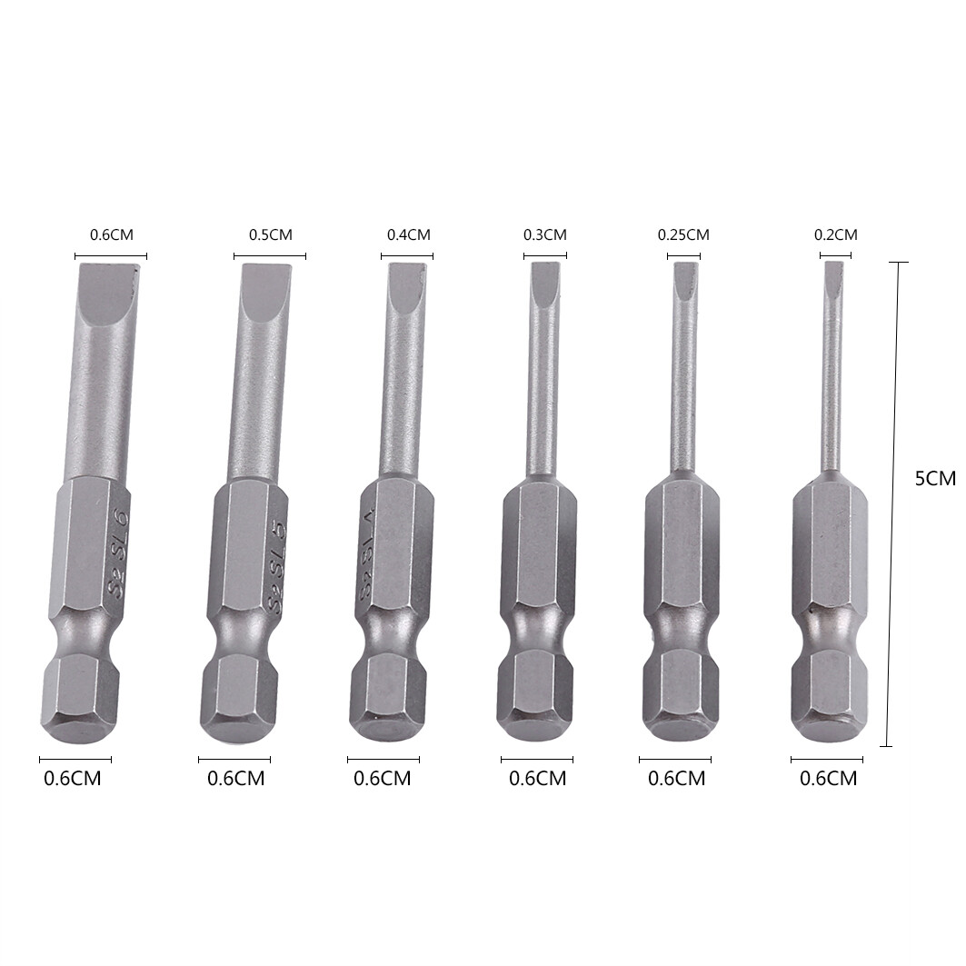 6pcs 50mm 2.0-6.0mm 0.25 Hex Shank S2 Alloy Flat Head Magnetic Tip Slotted Bits