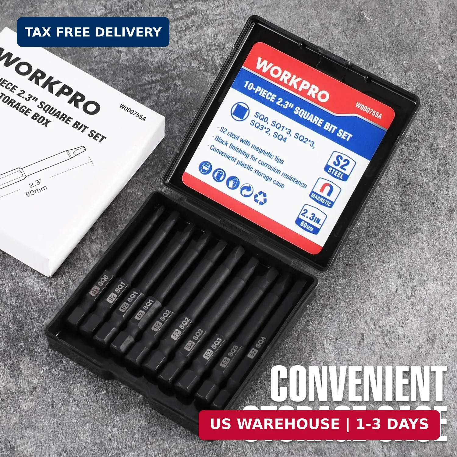 WORKPRO 10pcs Square Bit Set, CNC Machined S2 Steel Magnetic Screwdriver Bits Se
