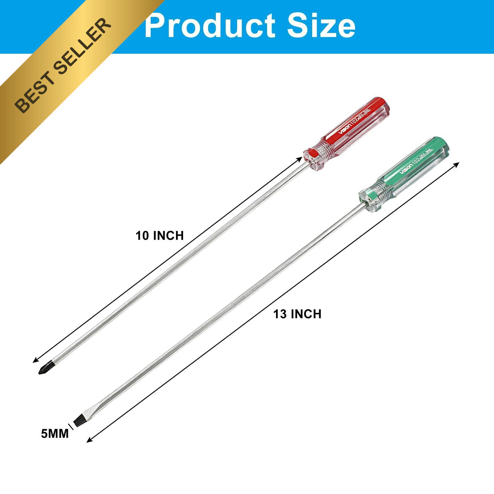 Hitefu 2Pcs 10 Inch Long Screwdriver Set Phillips Slotted Cross Flat Head 5mm Ti