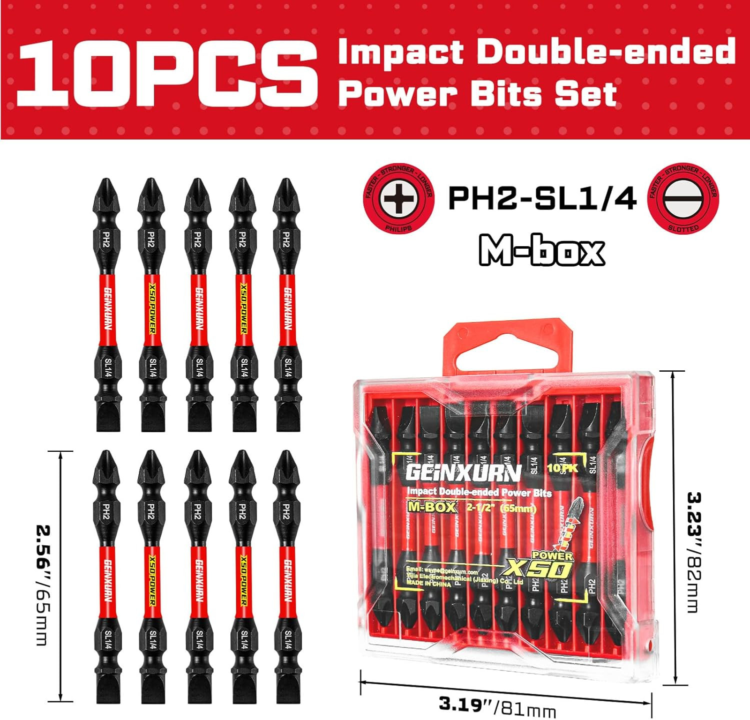 10Pcs SL1/4-PH2 Impact Double End Screwdriver Bit Set, 2.56 In. #2 Phillips/Powe