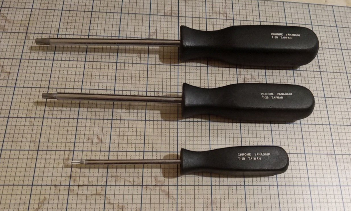 Set of 3 Star Screw Drivers T-30 T-25 T-10 Chrome Vanadium Taiwan