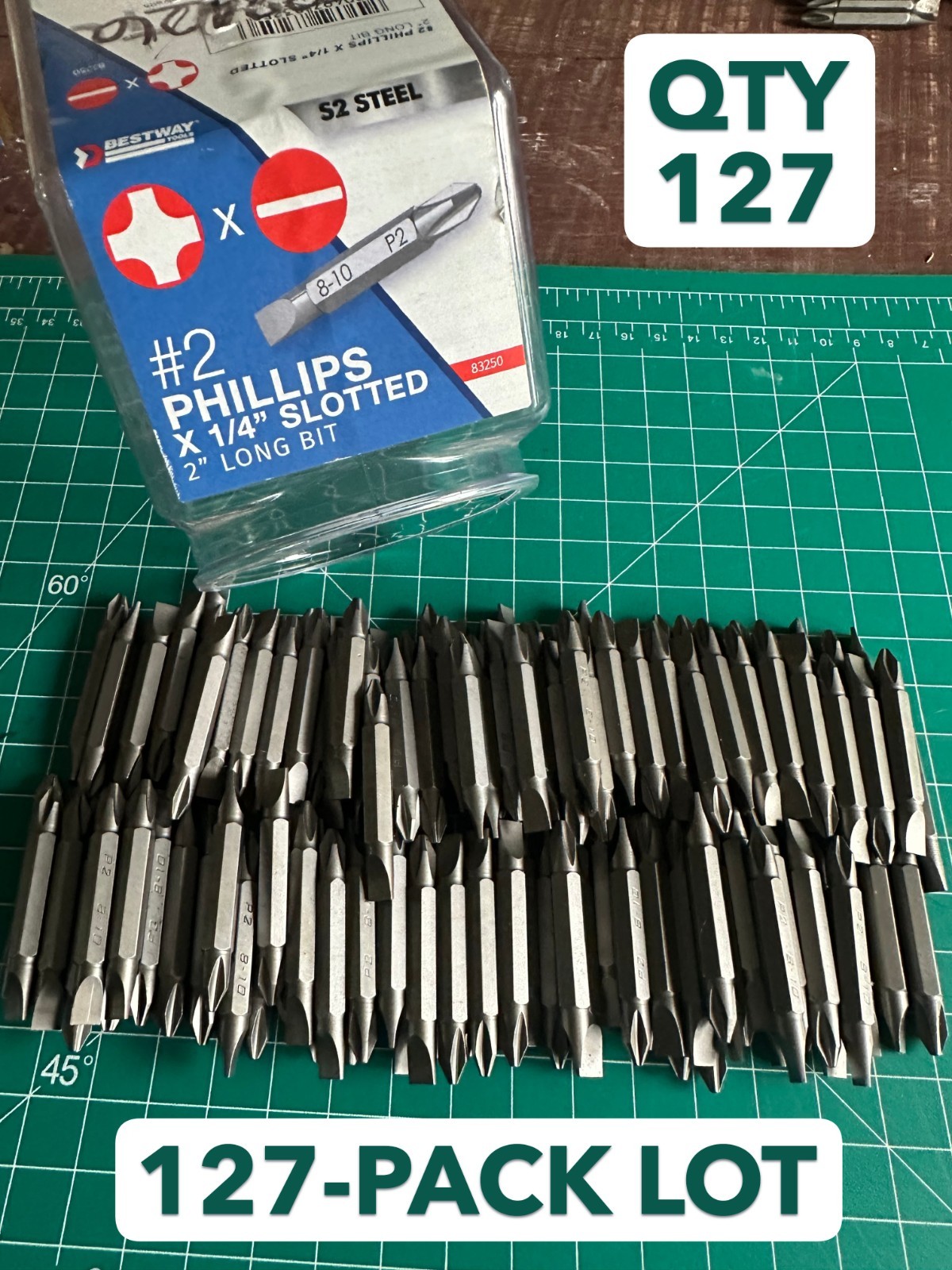 NOS 127-PACK LOT BEST WAY TOOLS #2 PHILLIPS X 1/4 SLOTTED BITS 83250 2″ long