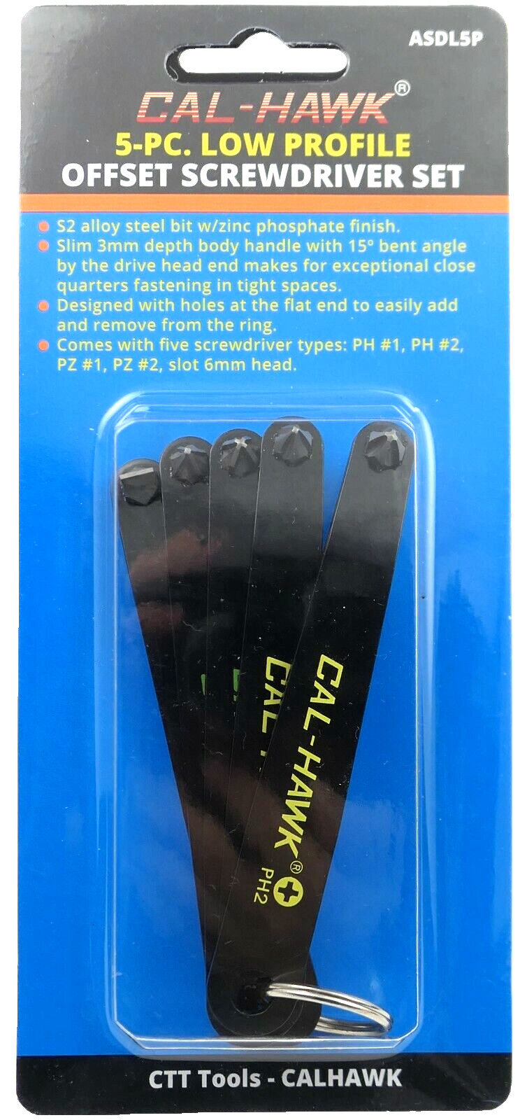 5 Pc Ultra Low Profile Offset Screwdriver Set S2 Steel Phillips Slotted Pozidriv