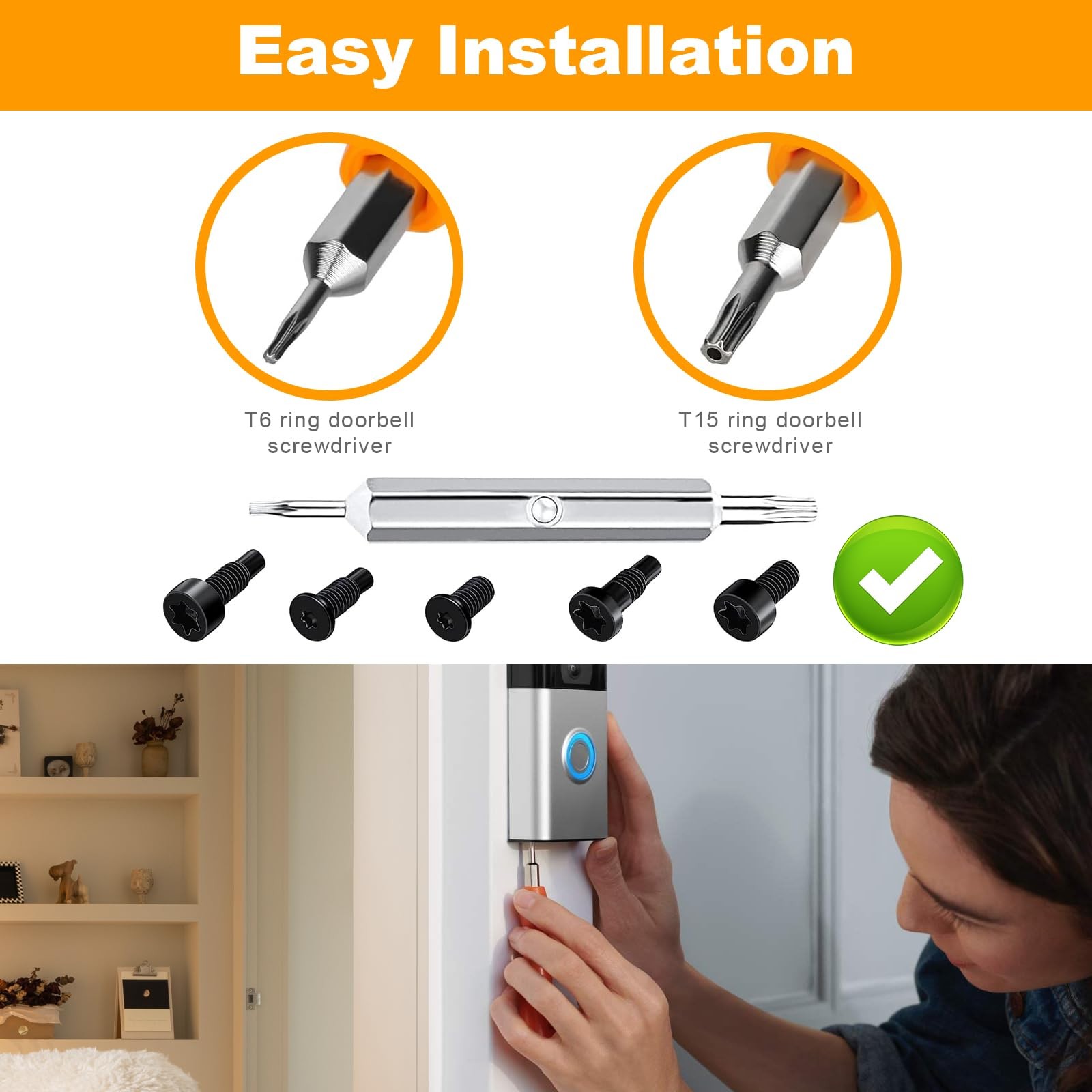 Ring Doorbell Screwdriver Kit, Double-Ended T6/T15 Driver with 2×5 Orange