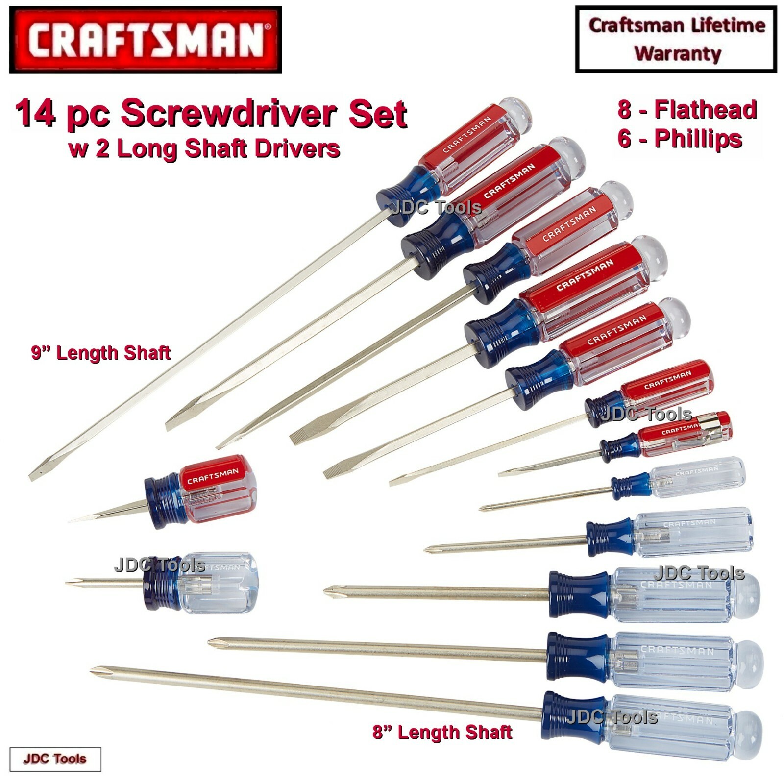 Craftsman 14 pc piece Screwdriver Set – 8 Flathead 6 Philips – 2 Long Reach 17
